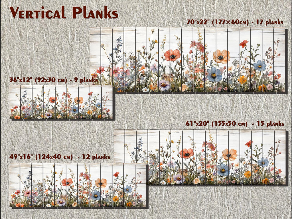 Long Horizontal Wildflowers Wall Art Painted On White Wood On Real Wood Planks