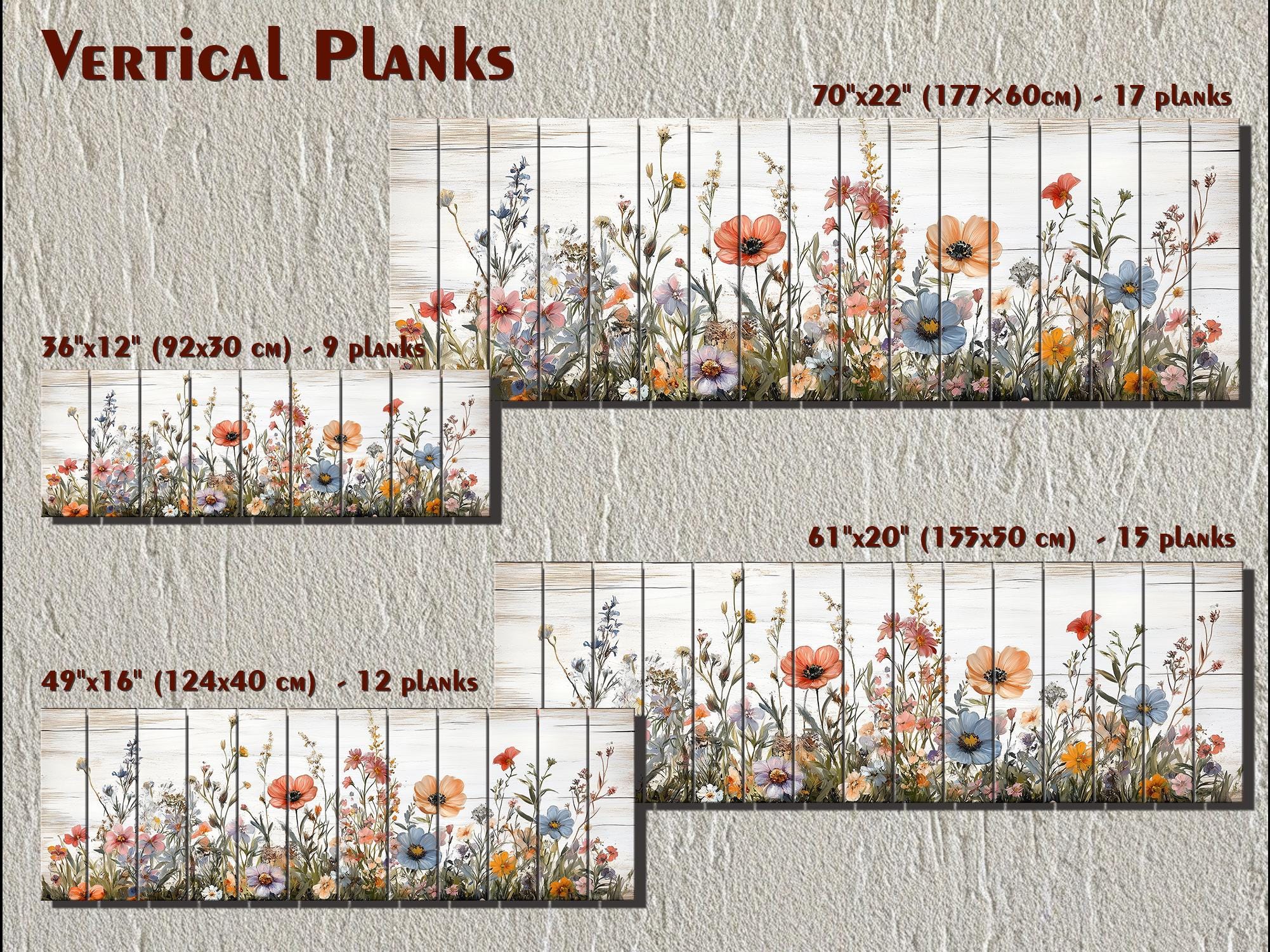 Long Horizontal Wildflowers Wall Art Painted On White Wood On Real Wood Planks