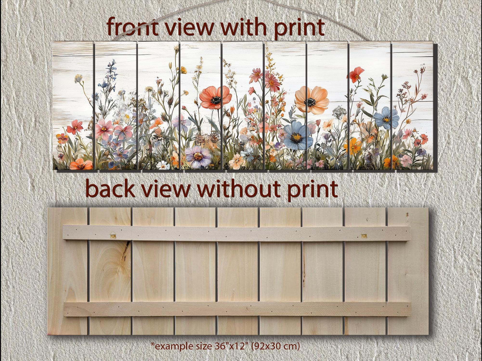 Long Horizontal Wildflowers Wall Art Painted On White Wood On Real Wood Planks