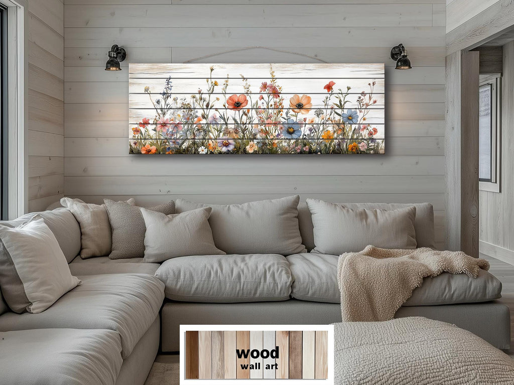 Long Horizontal Wildflowers Wall Art Painted On White Wood On Real Wood Planks