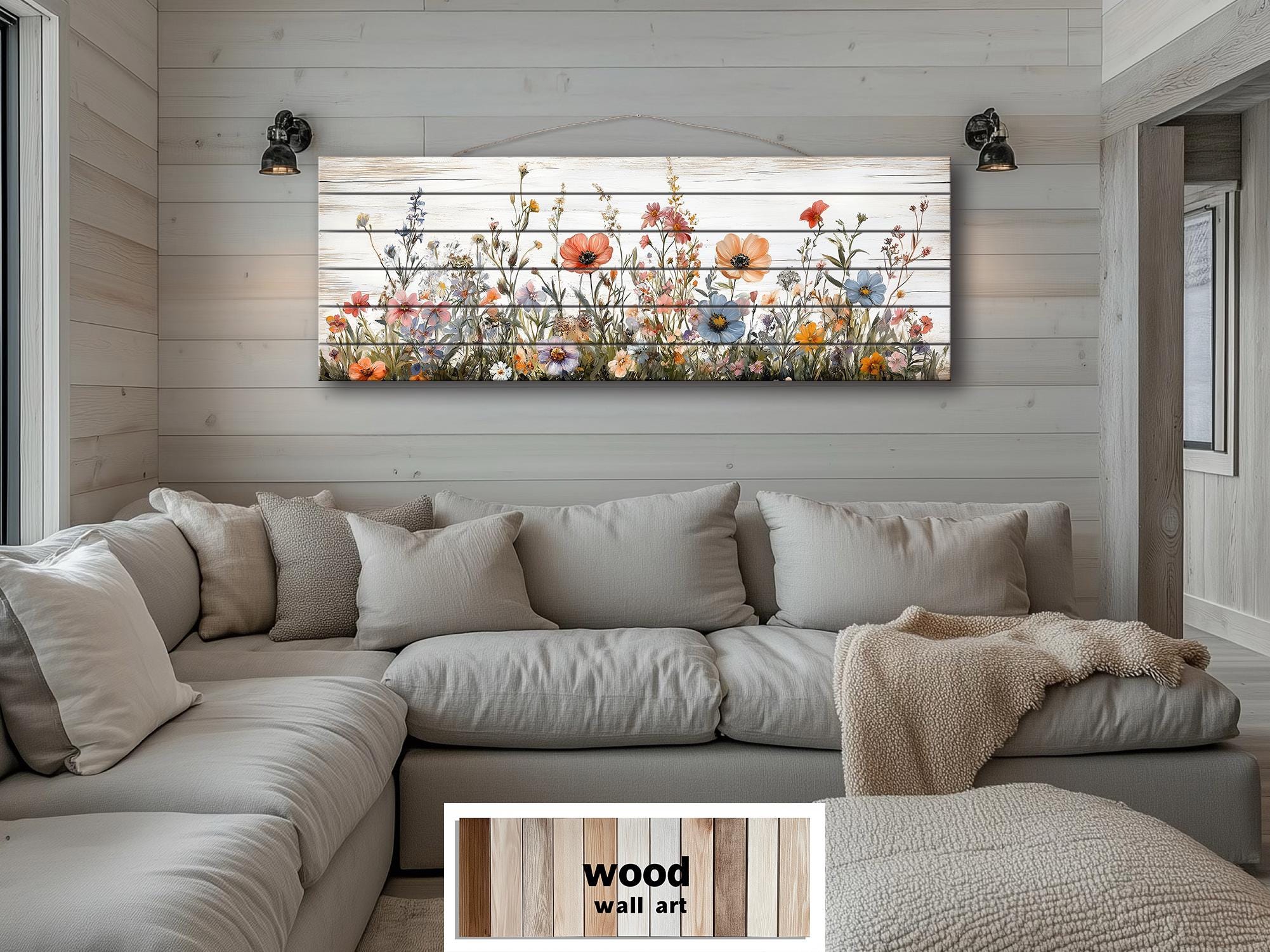 Long Horizontal Wildflowers Wall Art Painted On White Wood On Real Wood Planks
