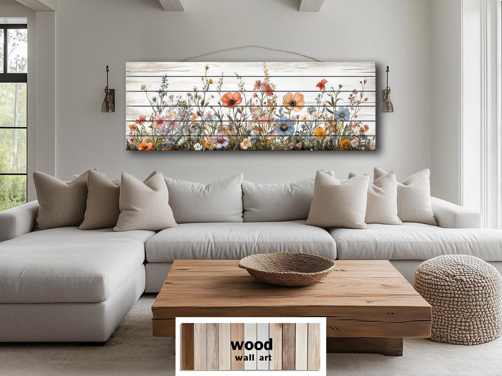 Long Horizontal Wildflowers Wall Art Painted On White Wood On Real Wood Planks