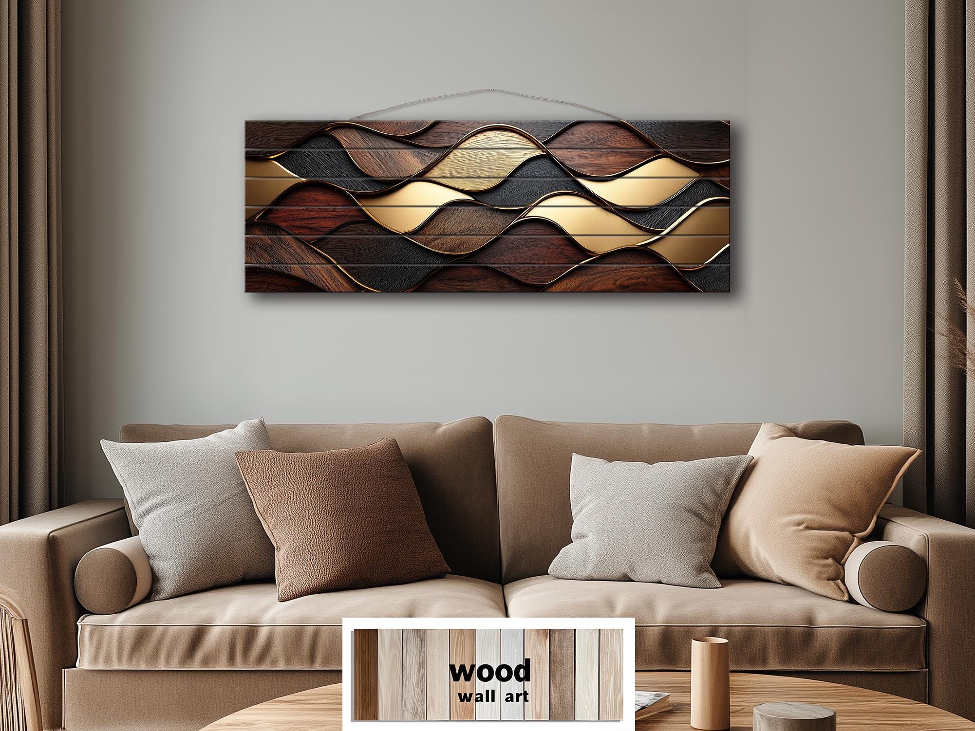Long Horizontal Wood Texture Wall Art Print, Abstract Brown Gold Geometric Design