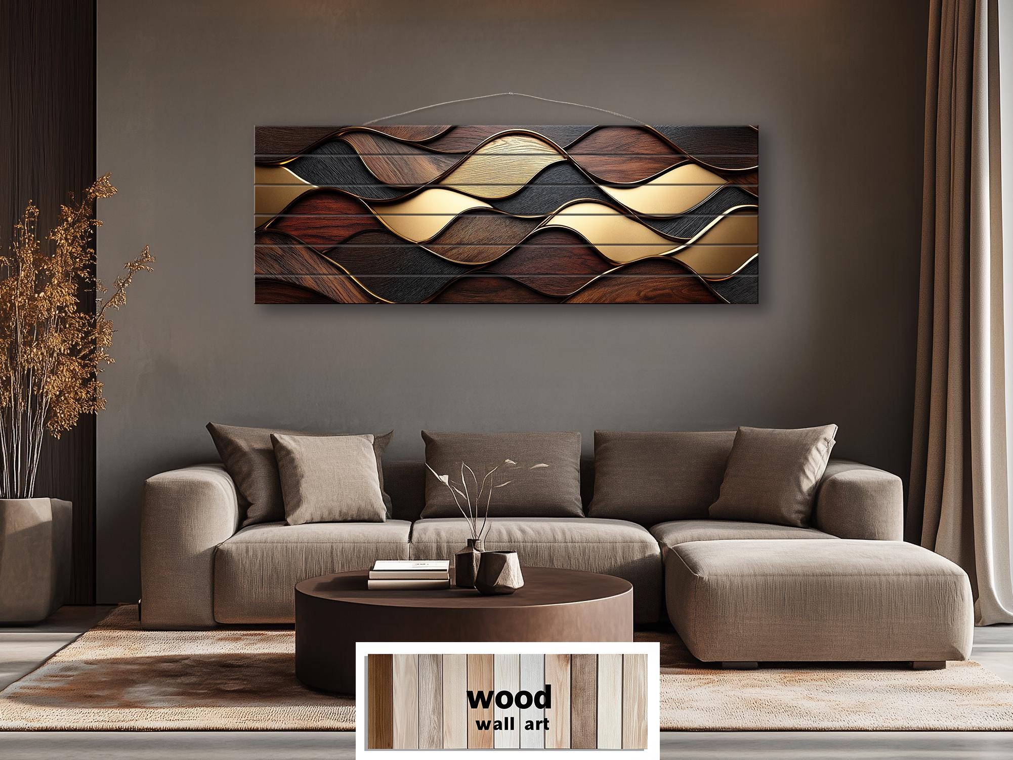Long Horizontal Wood Texture Wall Art Print, Abstract Brown Gold Geometric Design