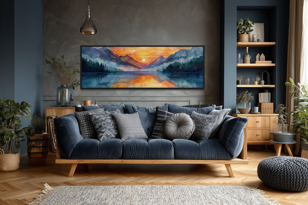Long Narrow Mountain Lake Sunset Landscape Framed Canvas Wall Art
