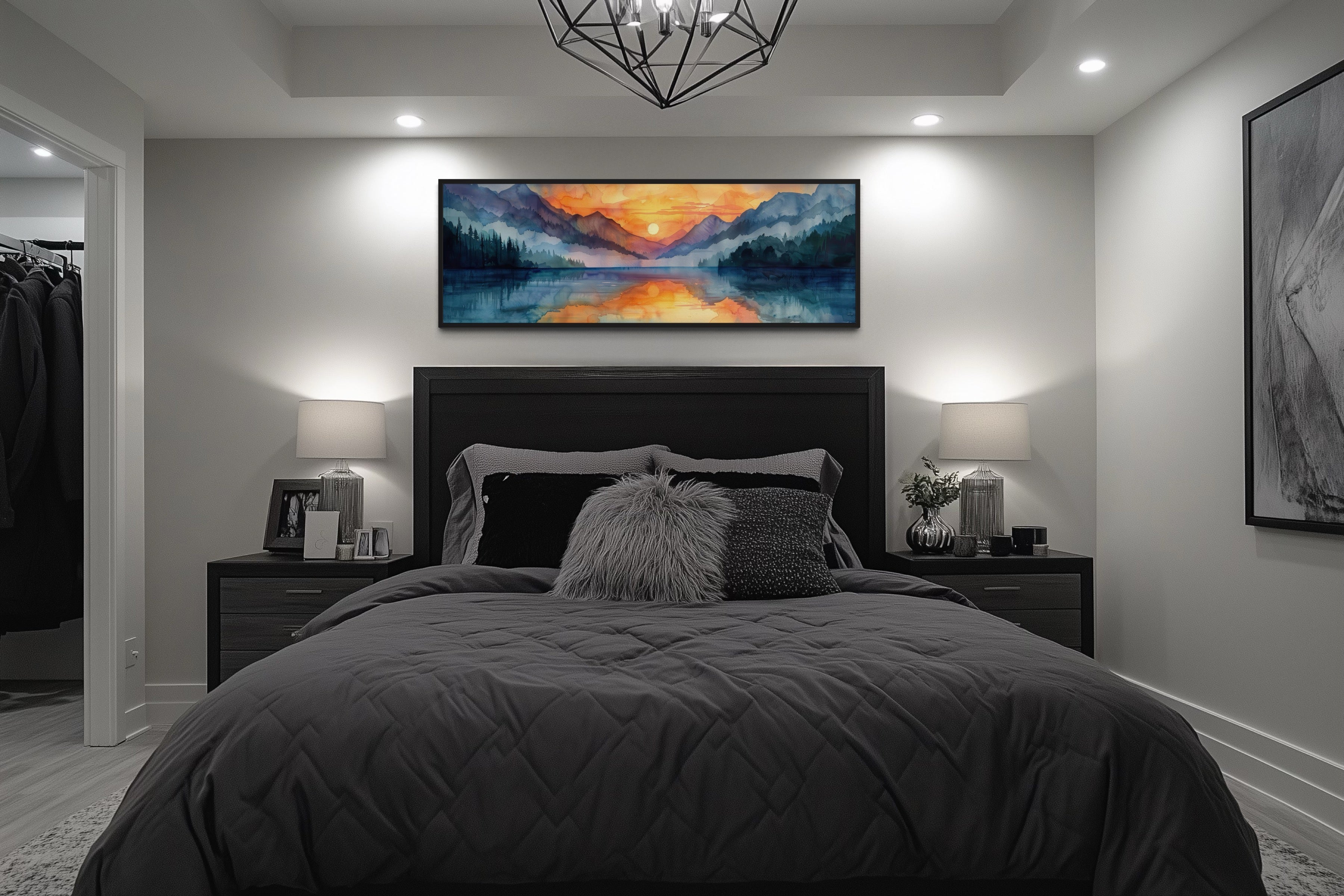Long Narrow Mountain Lake Sunset Landscape Framed Canvas Wall Art