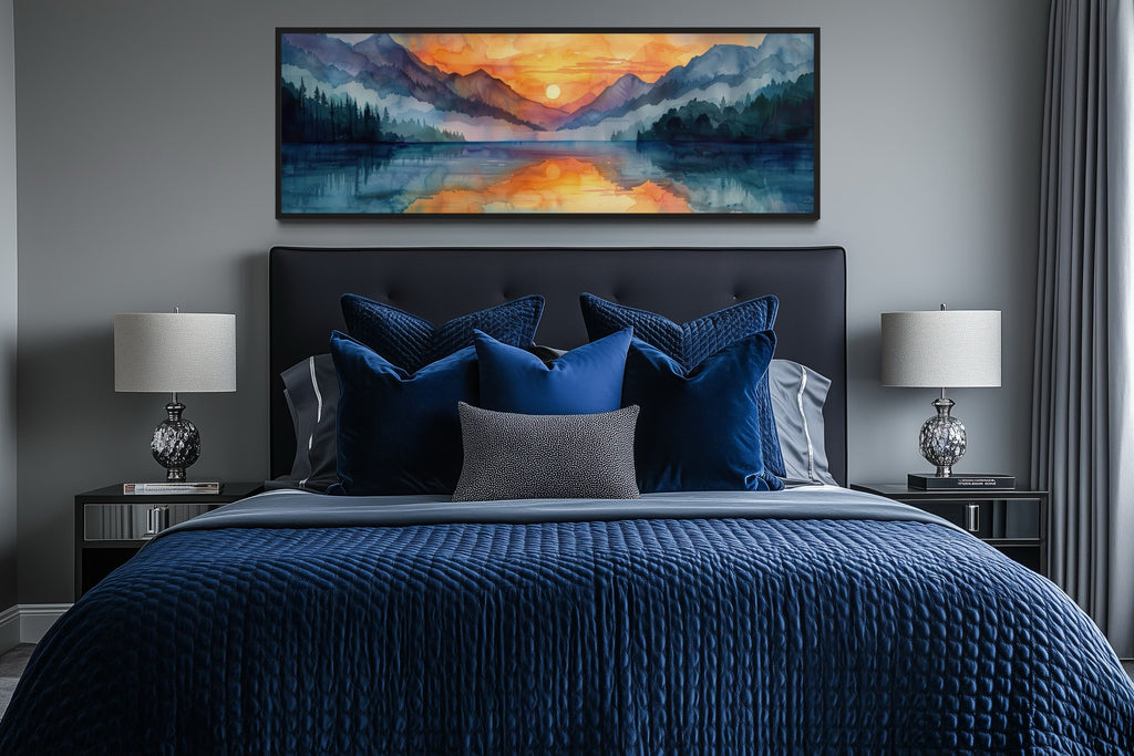 Long Narrow Mountain Lake Sunset Landscape Framed Canvas Wall Art