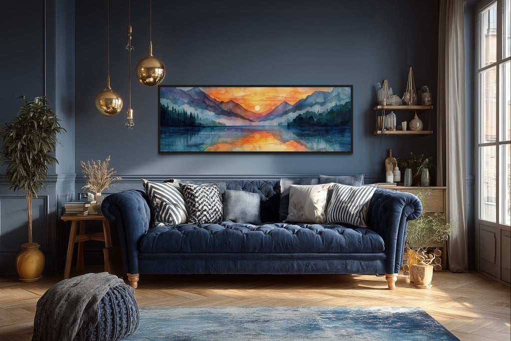 Long Narrow Mountain Lake Sunset Landscape Framed Canvas Wall Art