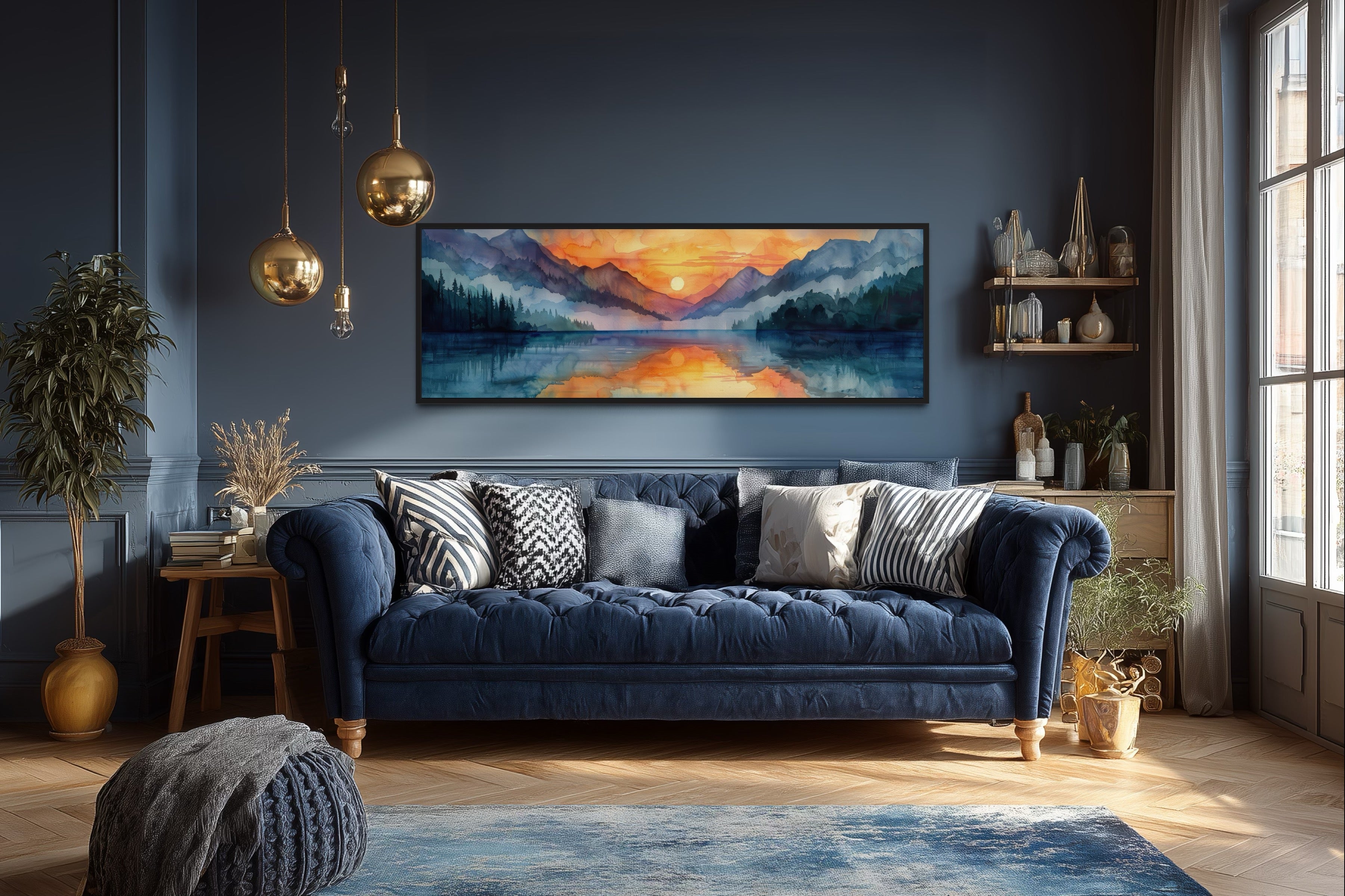 Long Narrow Mountain Lake Sunset Landscape Framed Canvas Wall Art