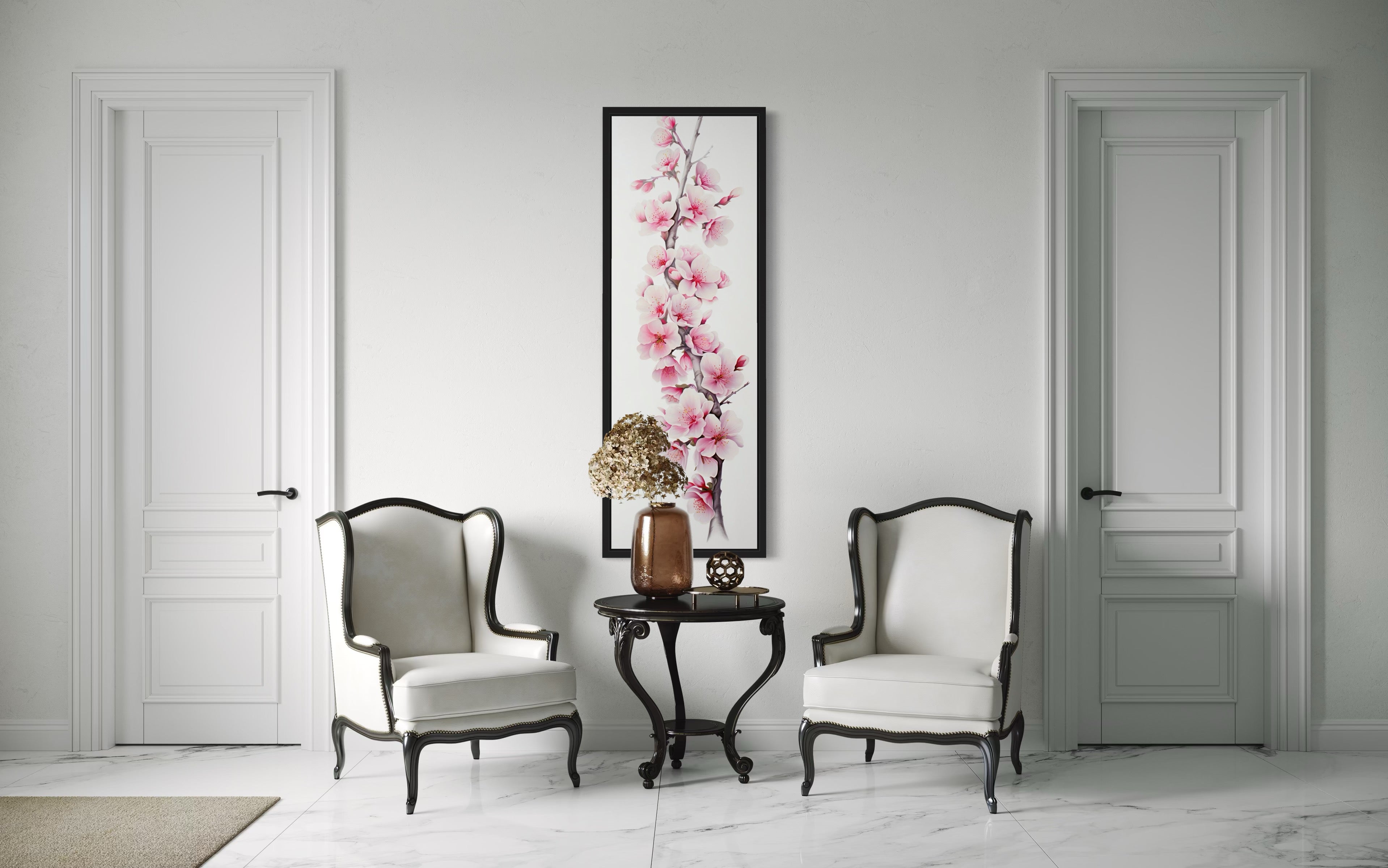Long Narrow Pink Watercolor Cherry Blossom Sakura Vertical Framed Canvas Wall Art