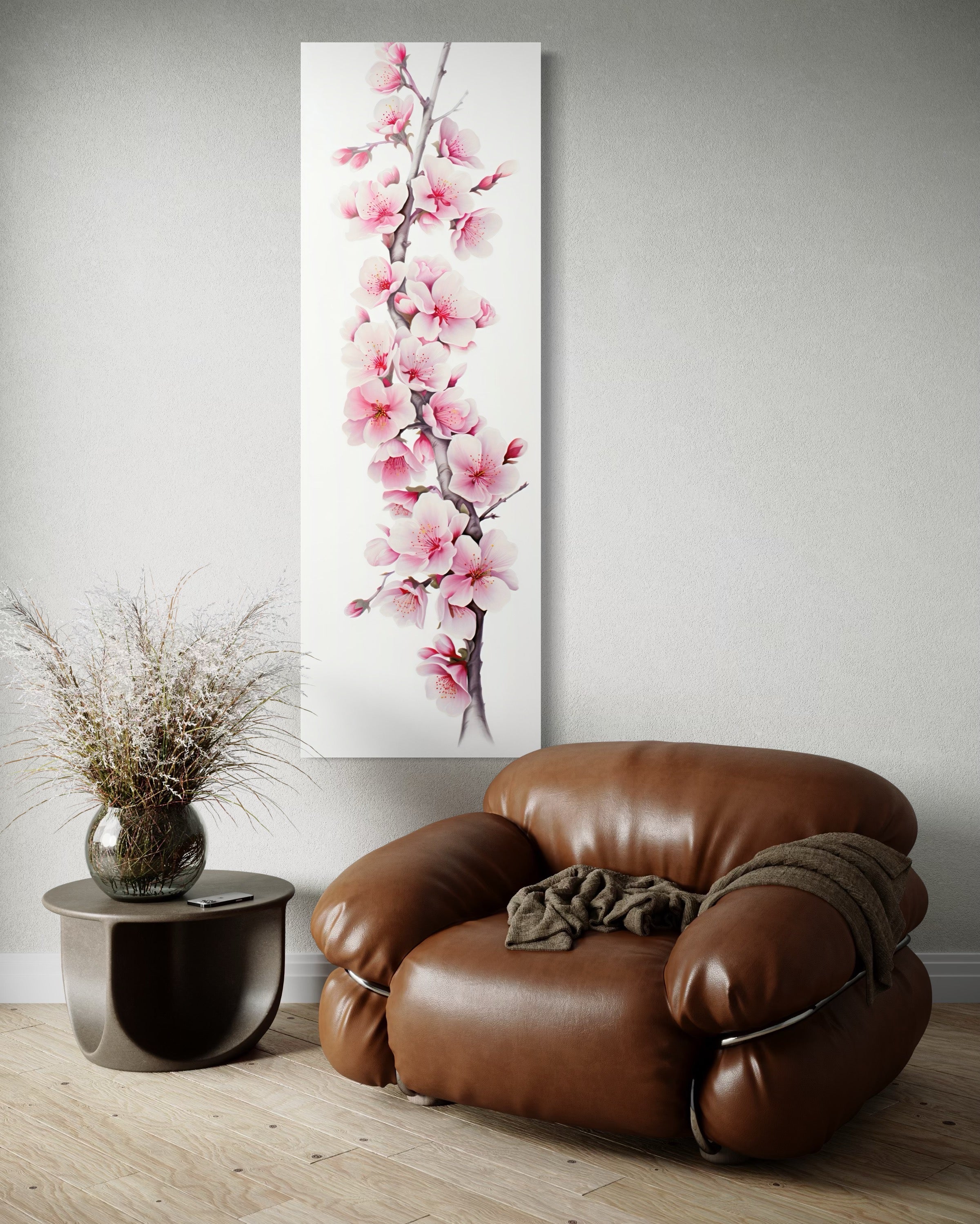 Long Narrow Pink Watercolor Cherry Blossom Sakura Vertical Framed Canvas Wall Art