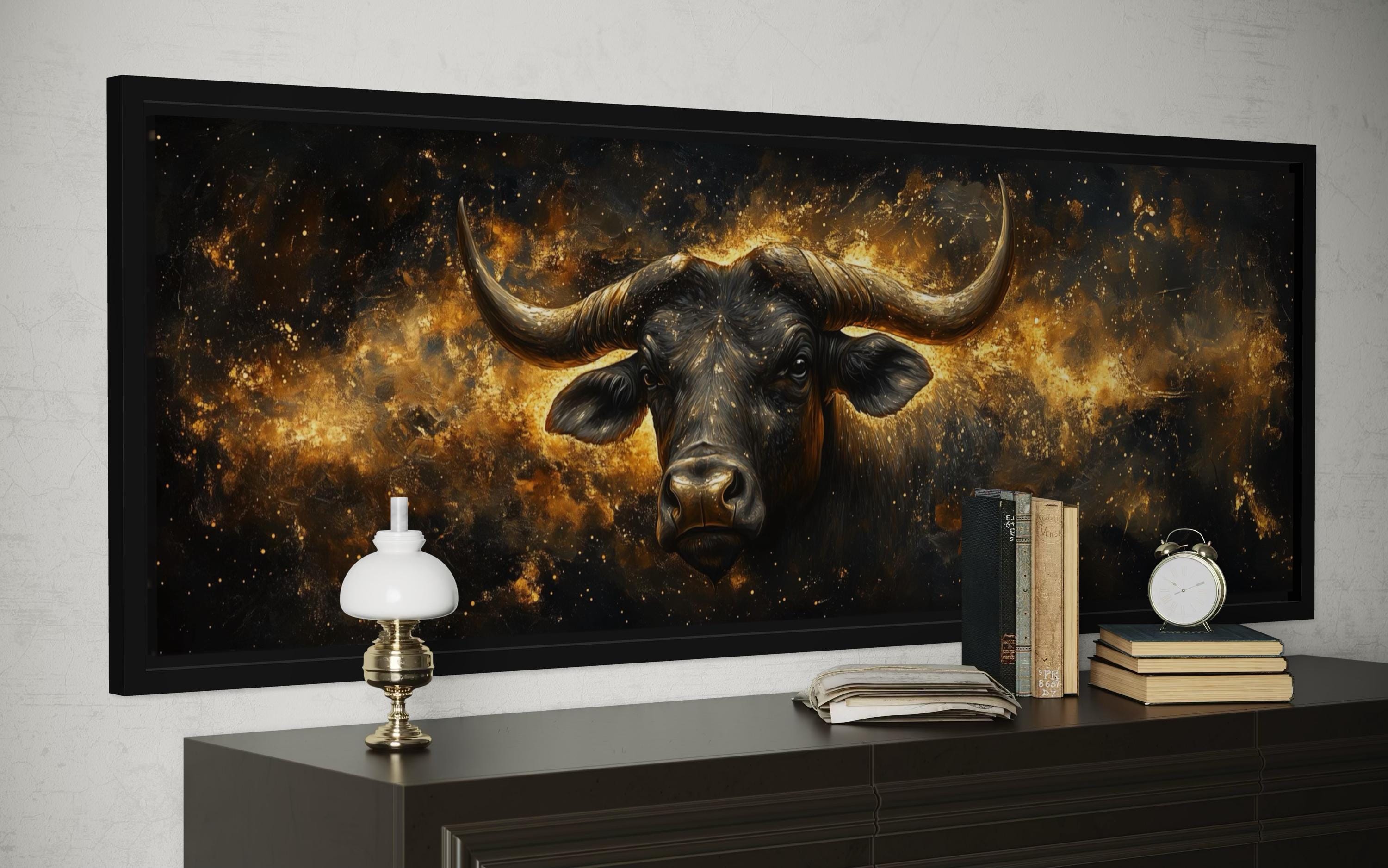 Long Narrow Taurus Zodiac Wall Art – Black Gold Bull Canvas | Celestial Astrology Artwork