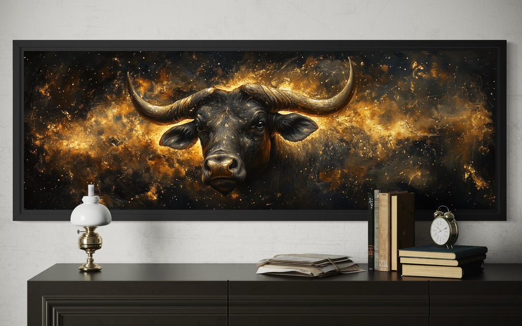 Long Narrow Taurus Zodiac Wall Art – Black Gold Bull Canvas | Celestial Astrology Artwork