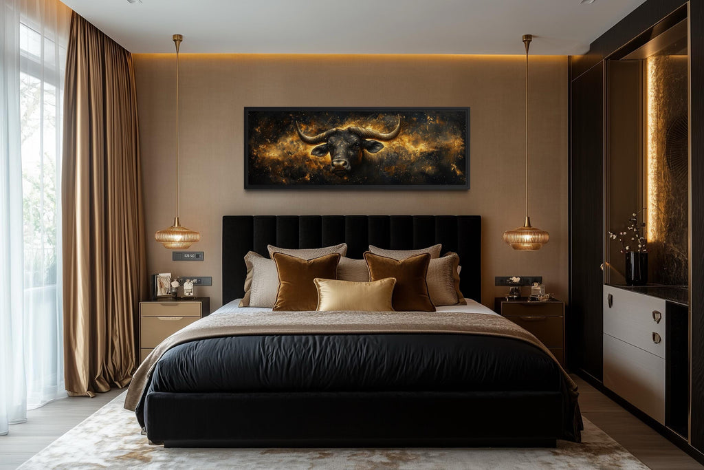 Long Narrow Taurus Zodiac Wall Art – Black Gold Bull Canvas | Celestial Astrology Artwork