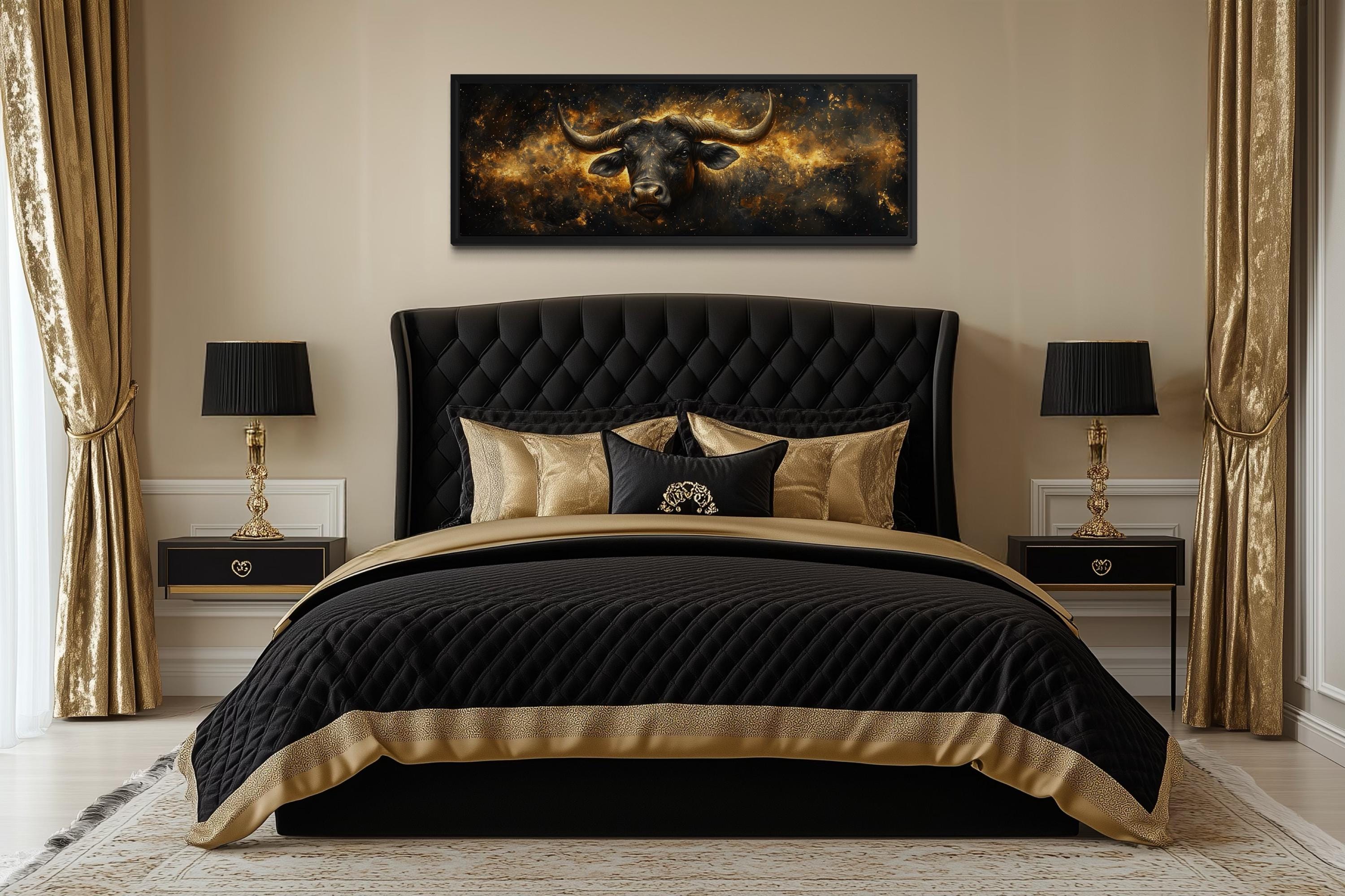 Long Narrow Taurus Zodiac Wall Art – Black Gold Bull Canvas | Celestial Astrology Artwork