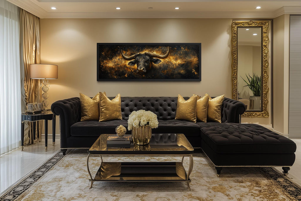 Long Narrow Taurus Zodiac Wall Art – Black Gold Bull Canvas | Celestial Astrology Artwork