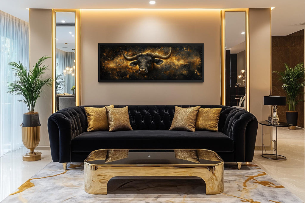 Long Narrow Taurus Zodiac Wall Art – Black Gold Bull Canvas | Celestial Astrology Artwork