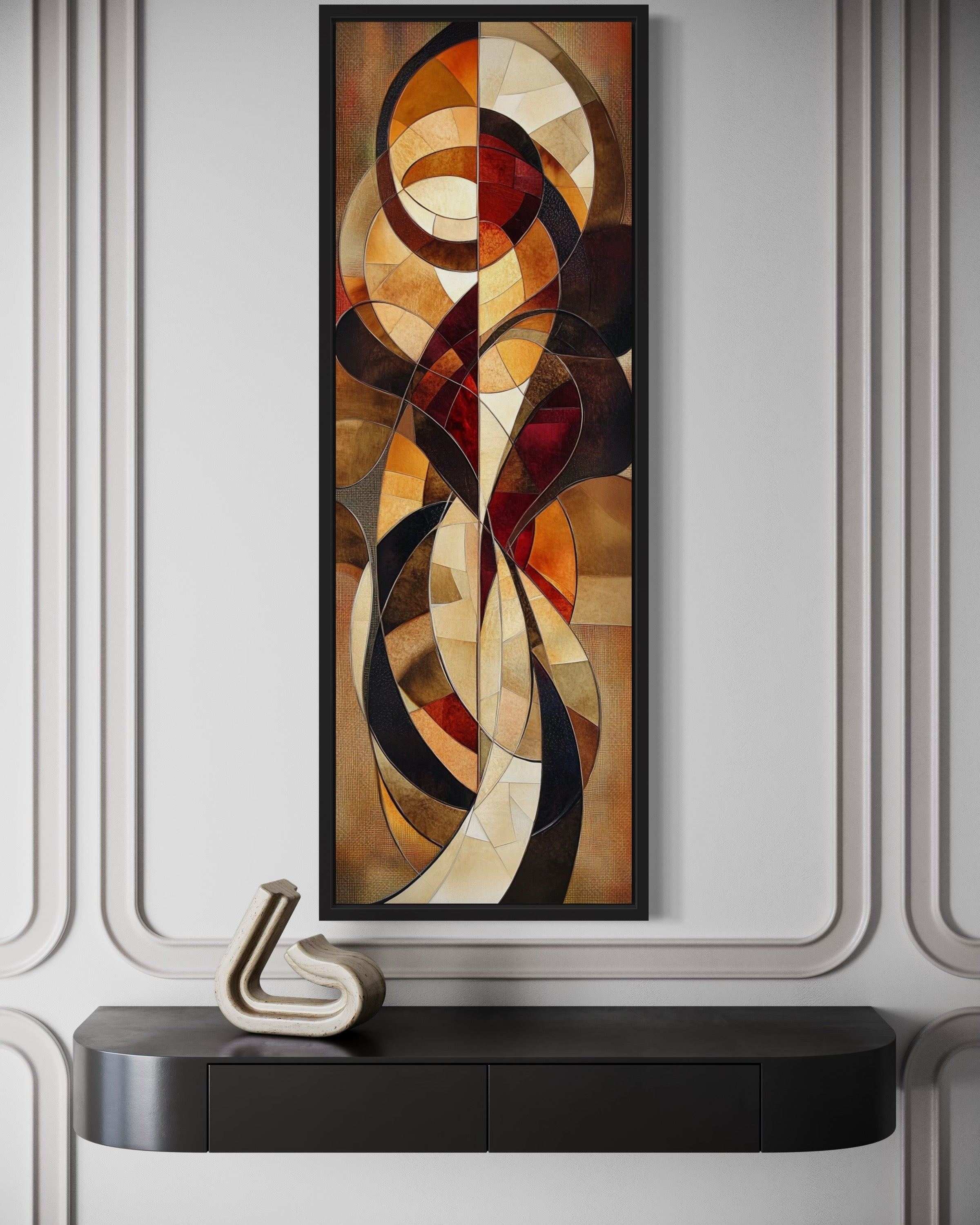 Long Vertical Red Brown Mid Century Modern Framed Canvas Wall Art