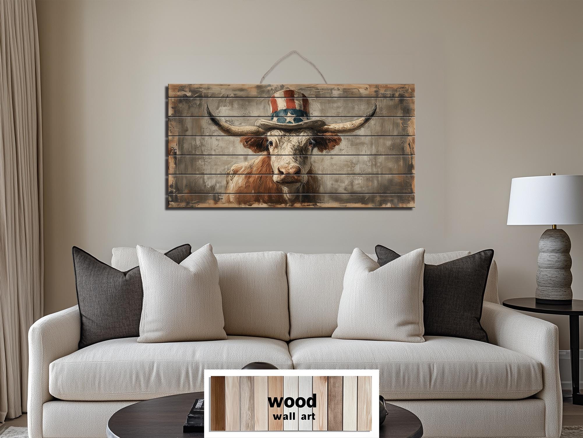 Longhorn Bull Wall Art - Rustic Wood Decor With Uncle Sam Hat | Patriotic Farmhouse