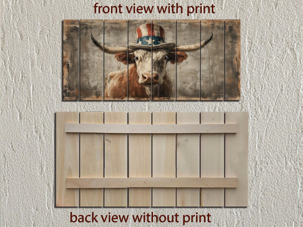 Longhorn Bull Wall Art - Rustic Wood Decor With Uncle Sam Hat | Patriotic Farmhouse