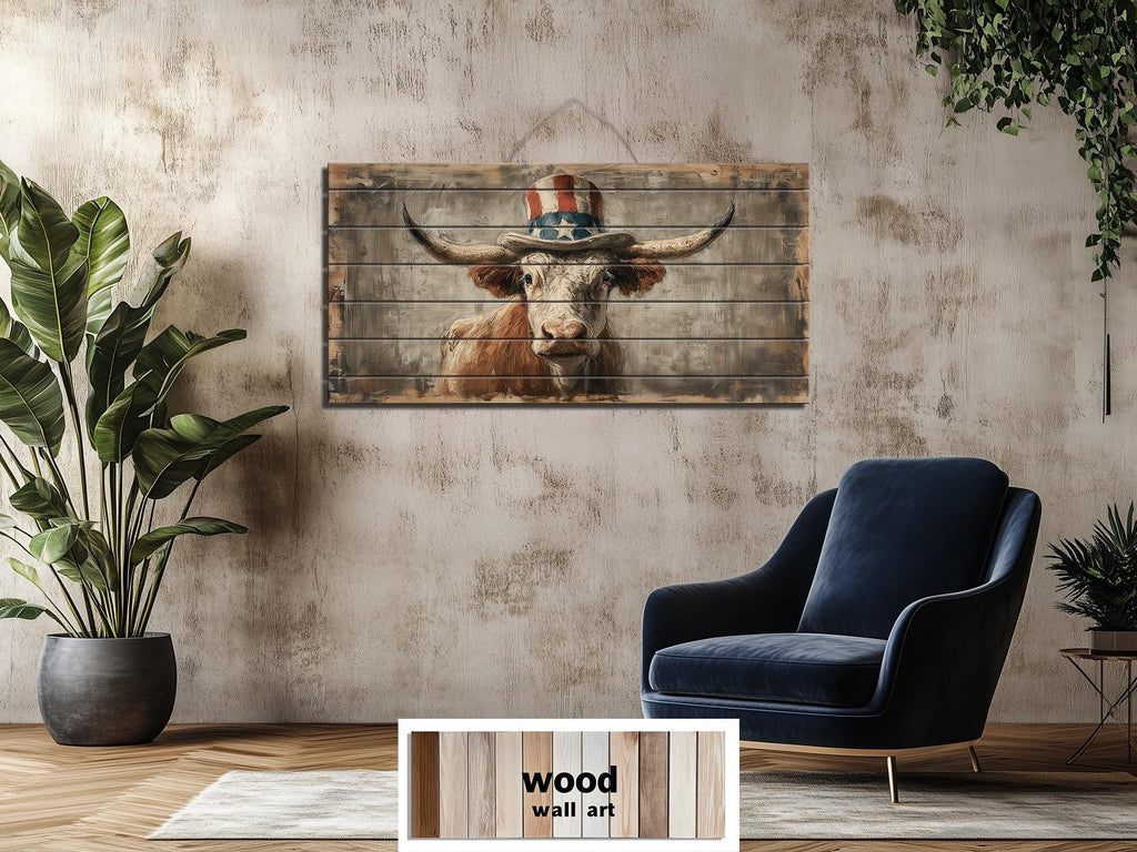 Longhorn Bull Wall Art - Rustic Wood Decor With Uncle Sam Hat | Patriotic Farmhouse