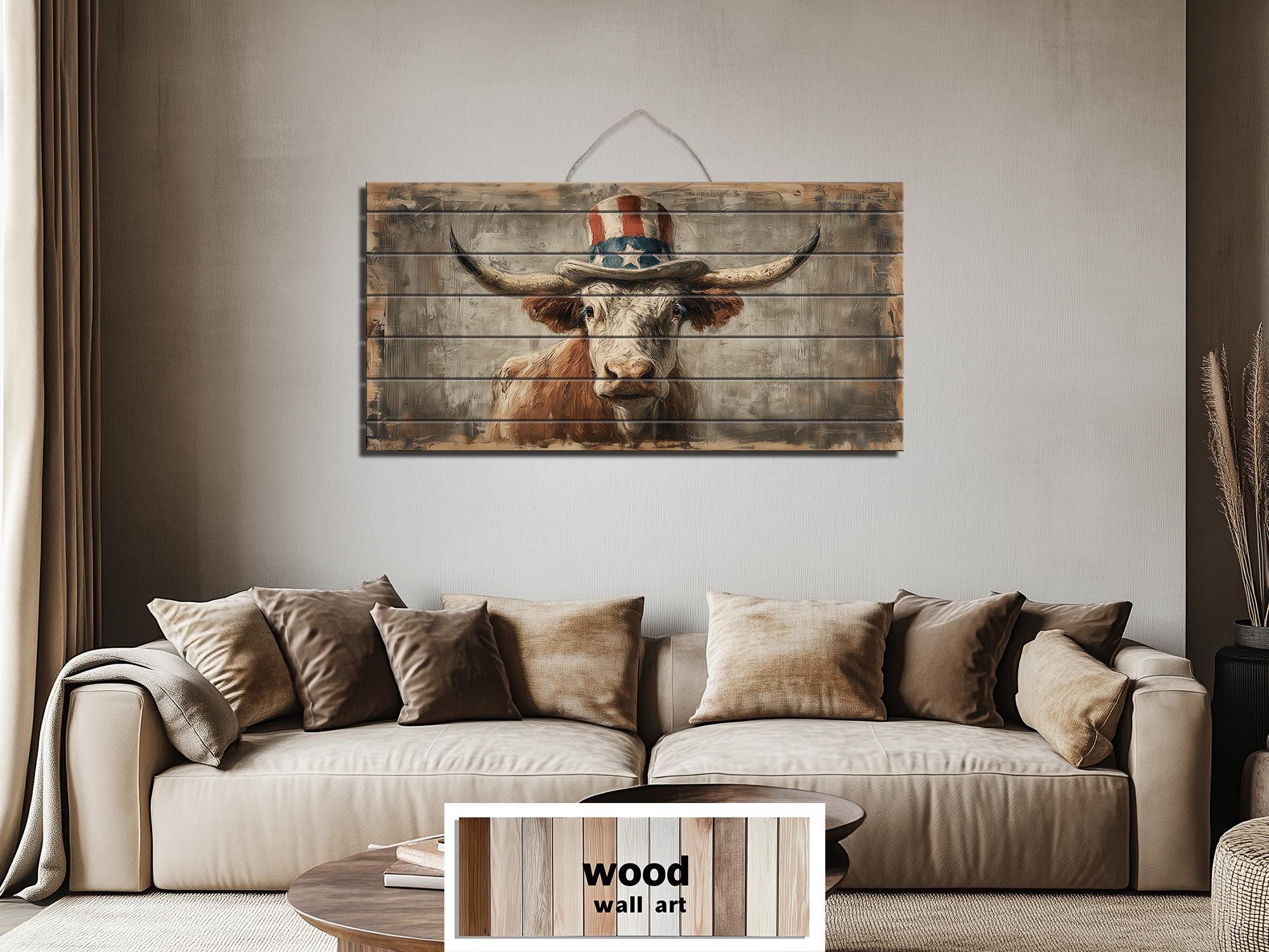 Longhorn Bull Wall Art - Rustic Wood Decor With Uncle Sam Hat | Patriotic Farmhouse