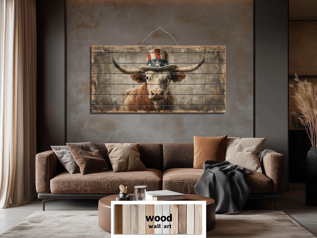Longhorn Bull Wall Art - Rustic Wood Decor With Uncle Sam Hat | Patriotic Farmhouse