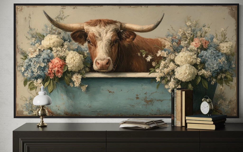 Longhorn Cow In Bathtub With Flowers Canvas Wall Art