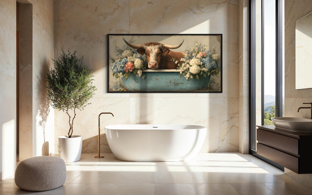 Longhorn Cow In Bathtub With Flowers Canvas Wall Art