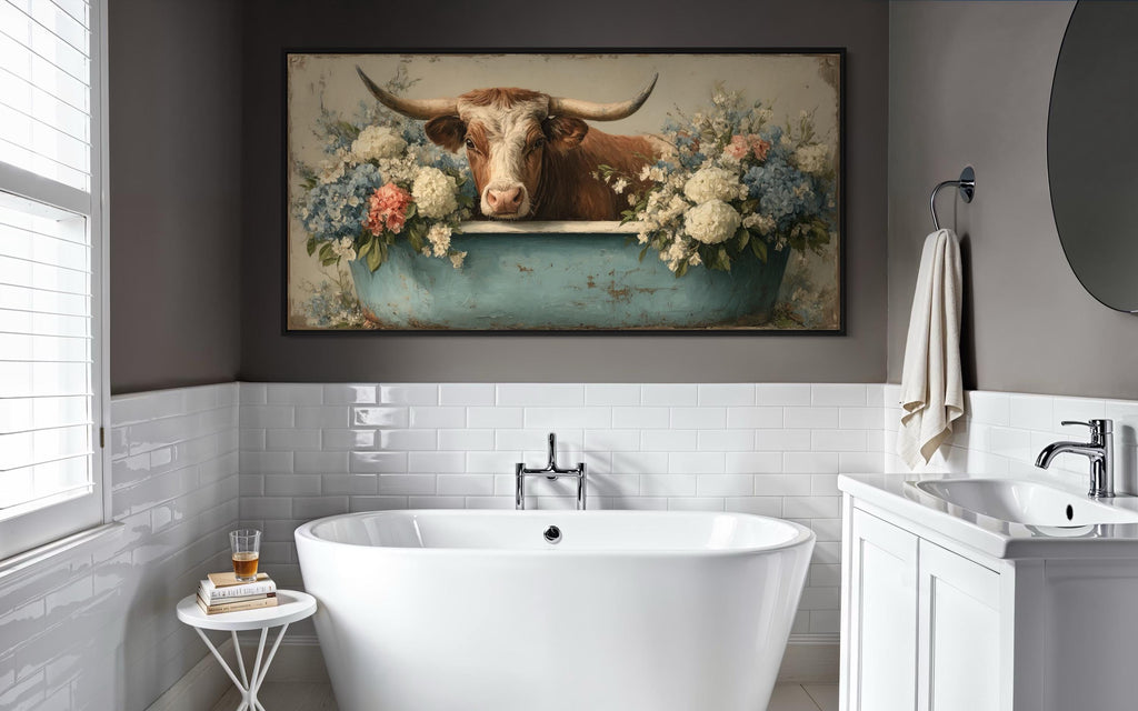 Longhorn Cow In Bathtub With Flowers Canvas Wall Art