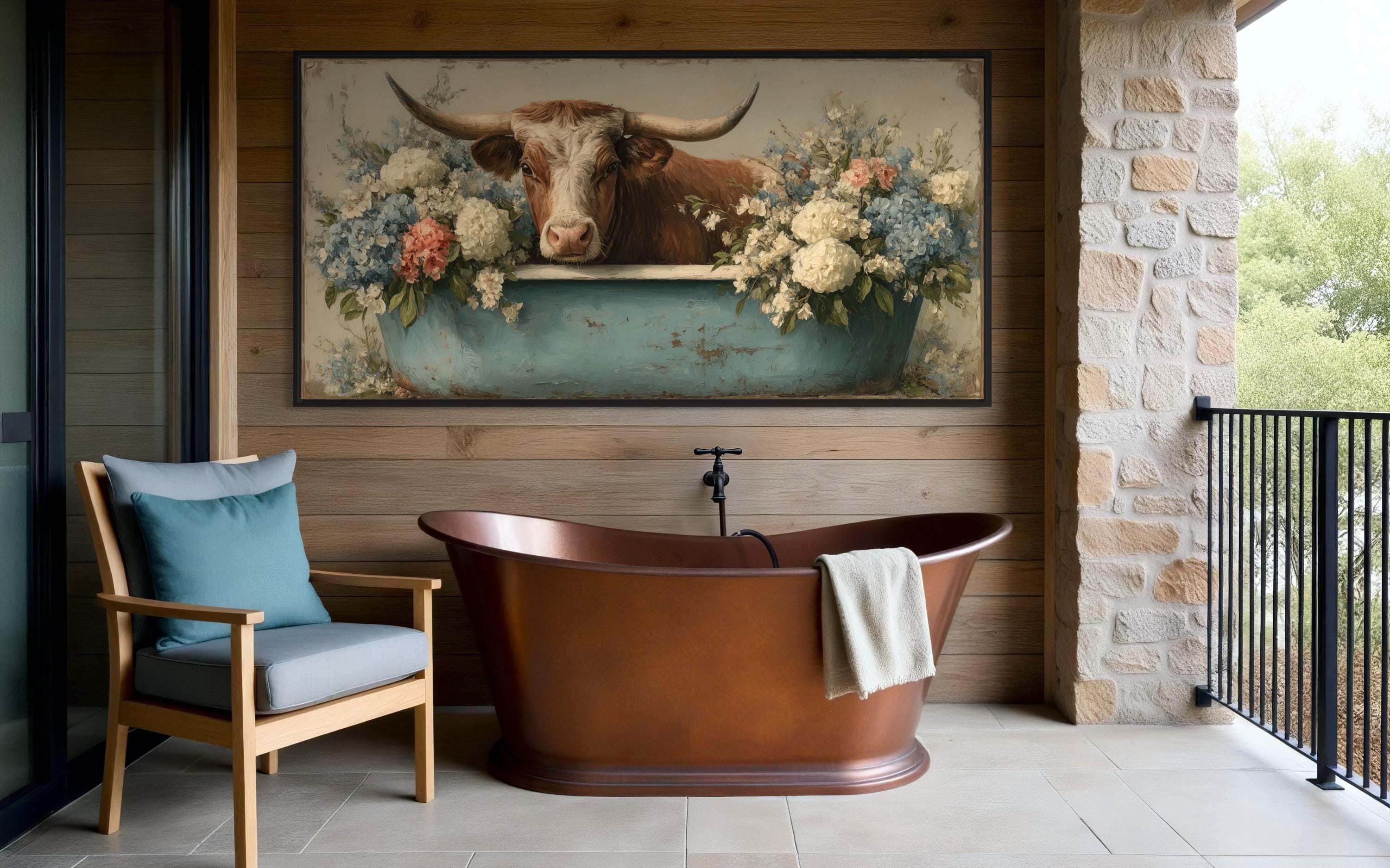 Longhorn Cow In Bathtub With Flowers Canvas Wall Art