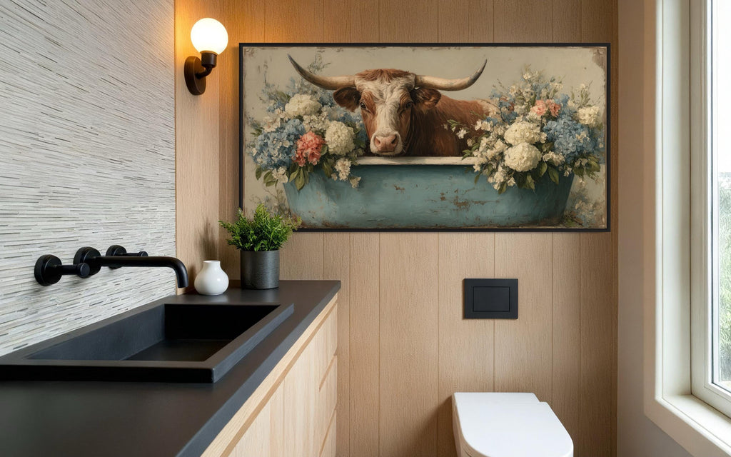 Longhorn Cow In Bathtub With Flowers Canvas Wall Art