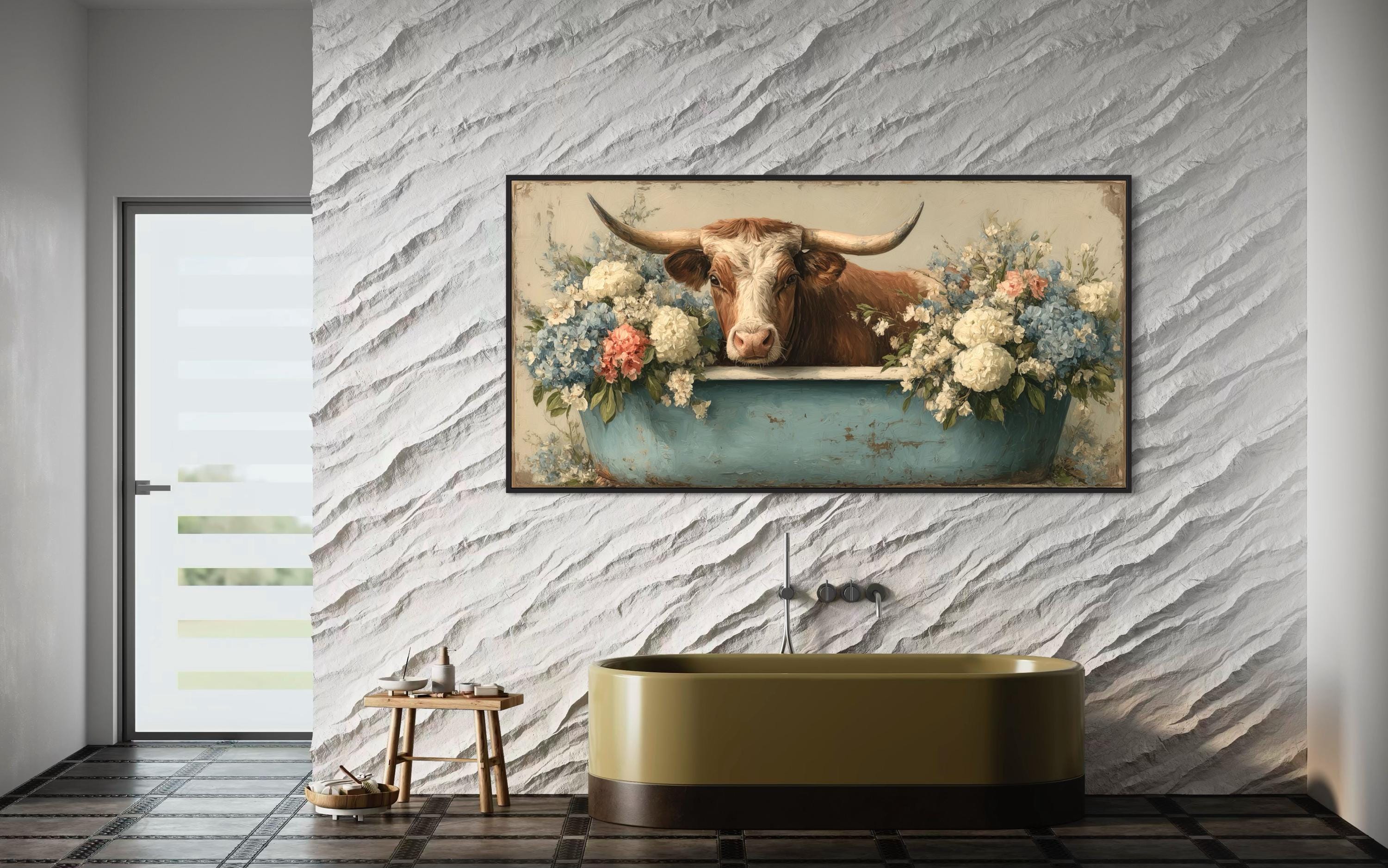 Longhorn Cow In Bathtub With Flowers Canvas Wall Art