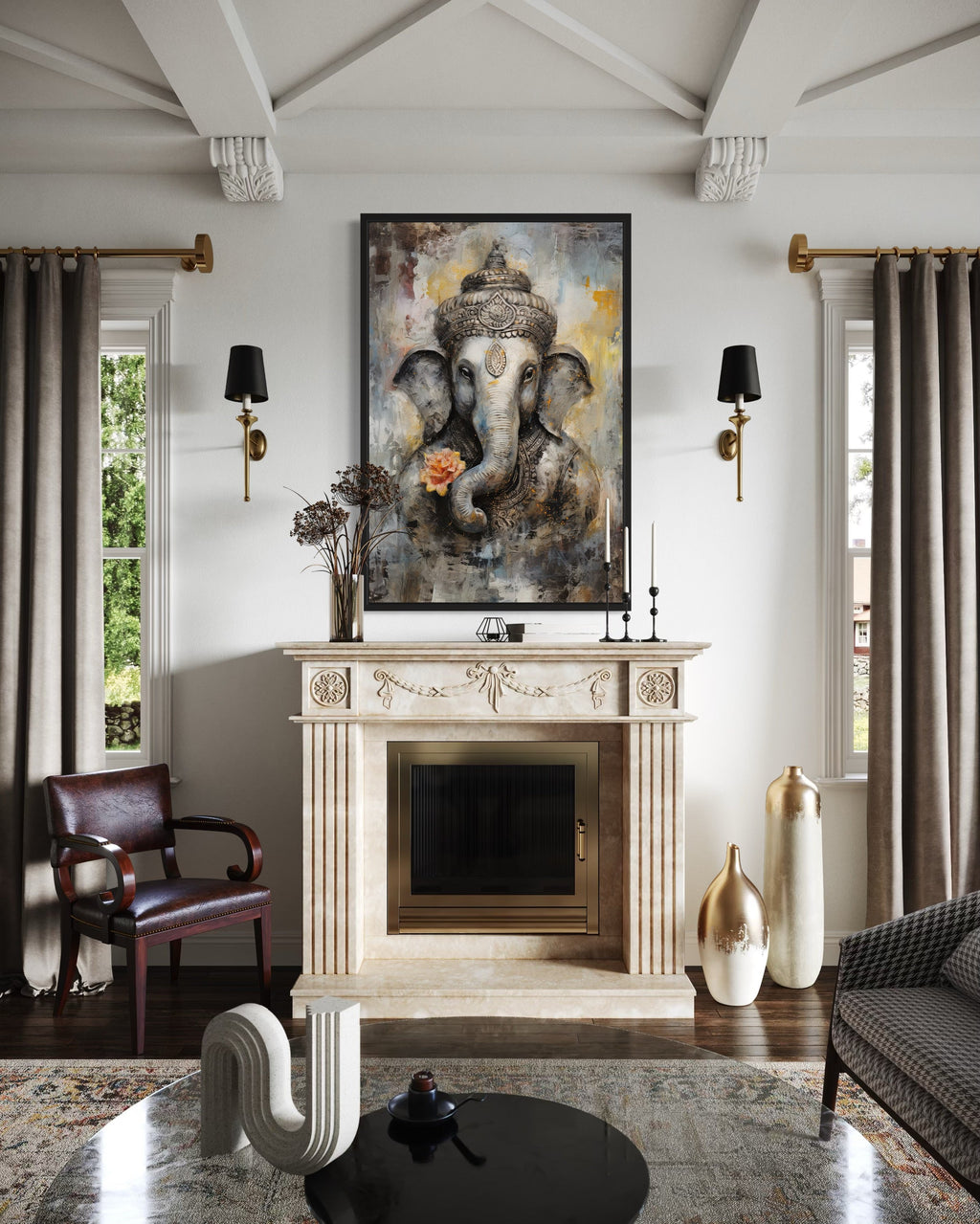 Lord Ganesha Modern Abstract Indian Framed Canvas Wall Art