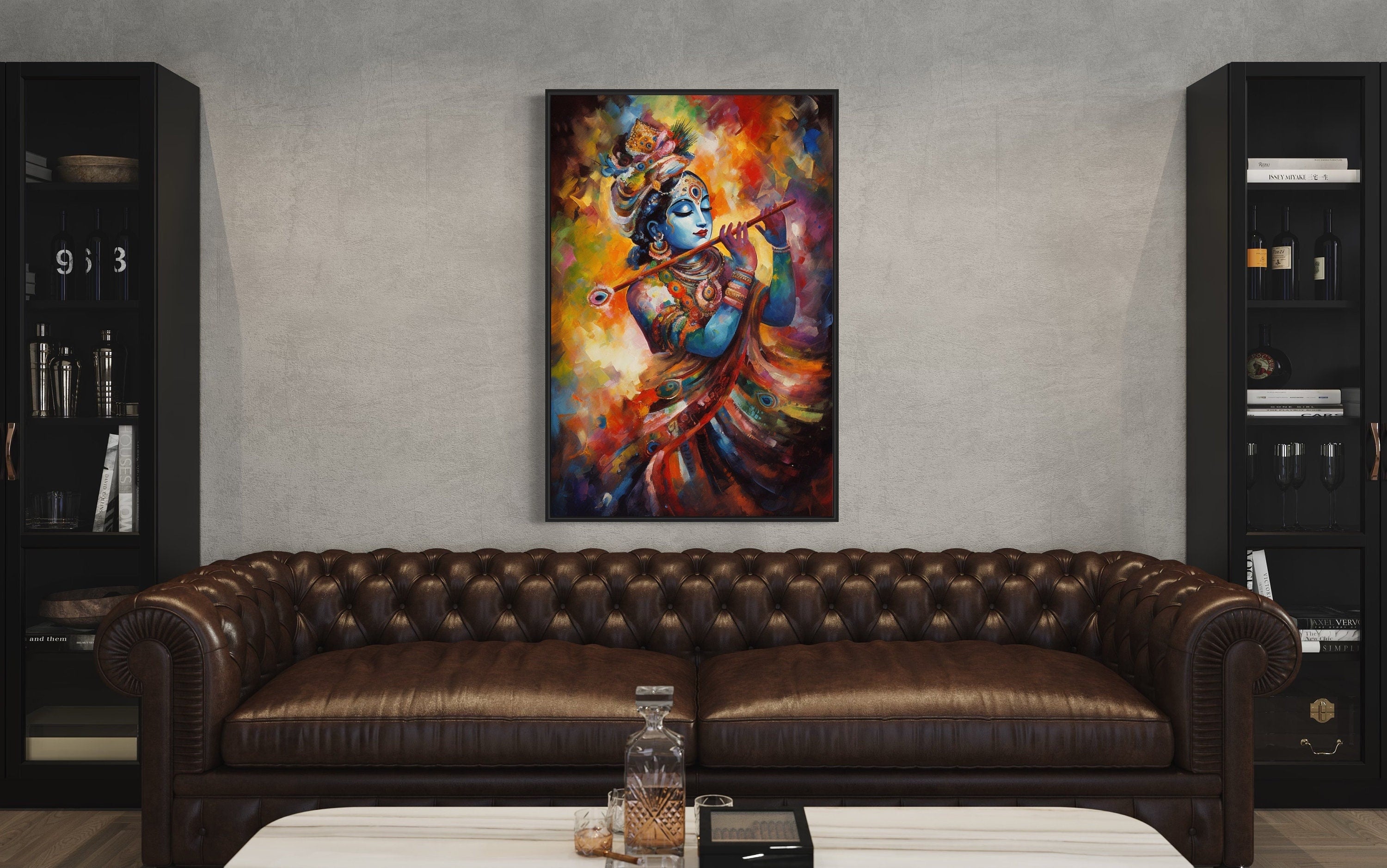Lord Krishna Playing Flute Colorful Painting Indian Framed Canvas Wall Art
