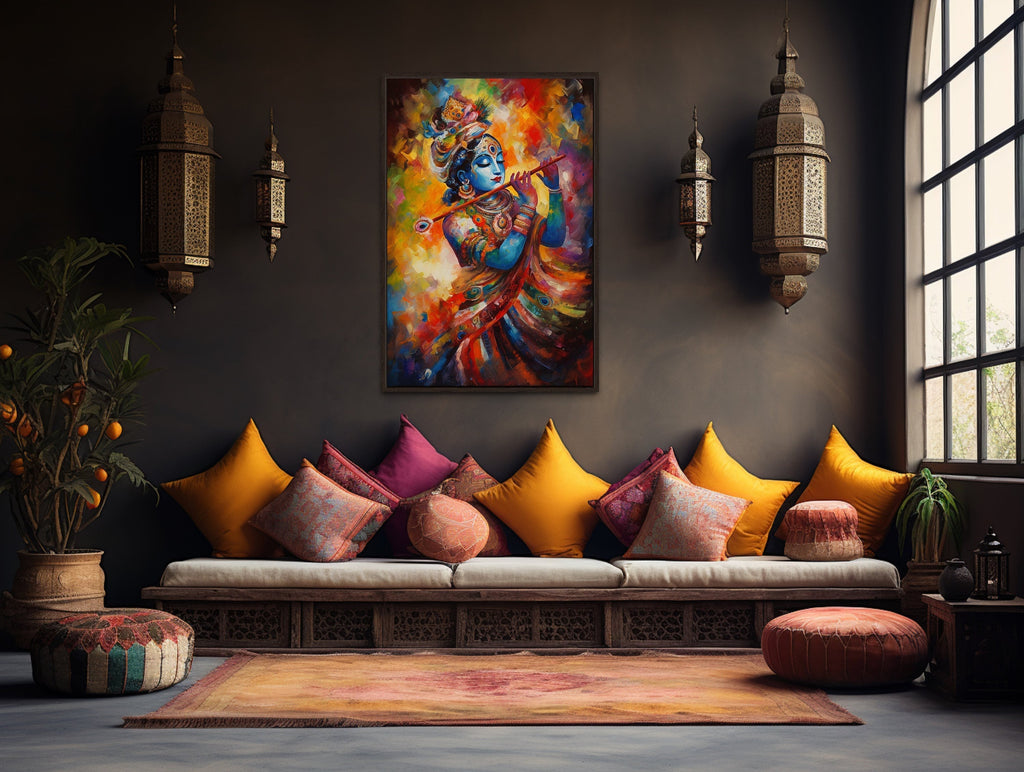 Lord Krishna Playing Flute Colorful Painting Indian Framed Canvas Wall Art