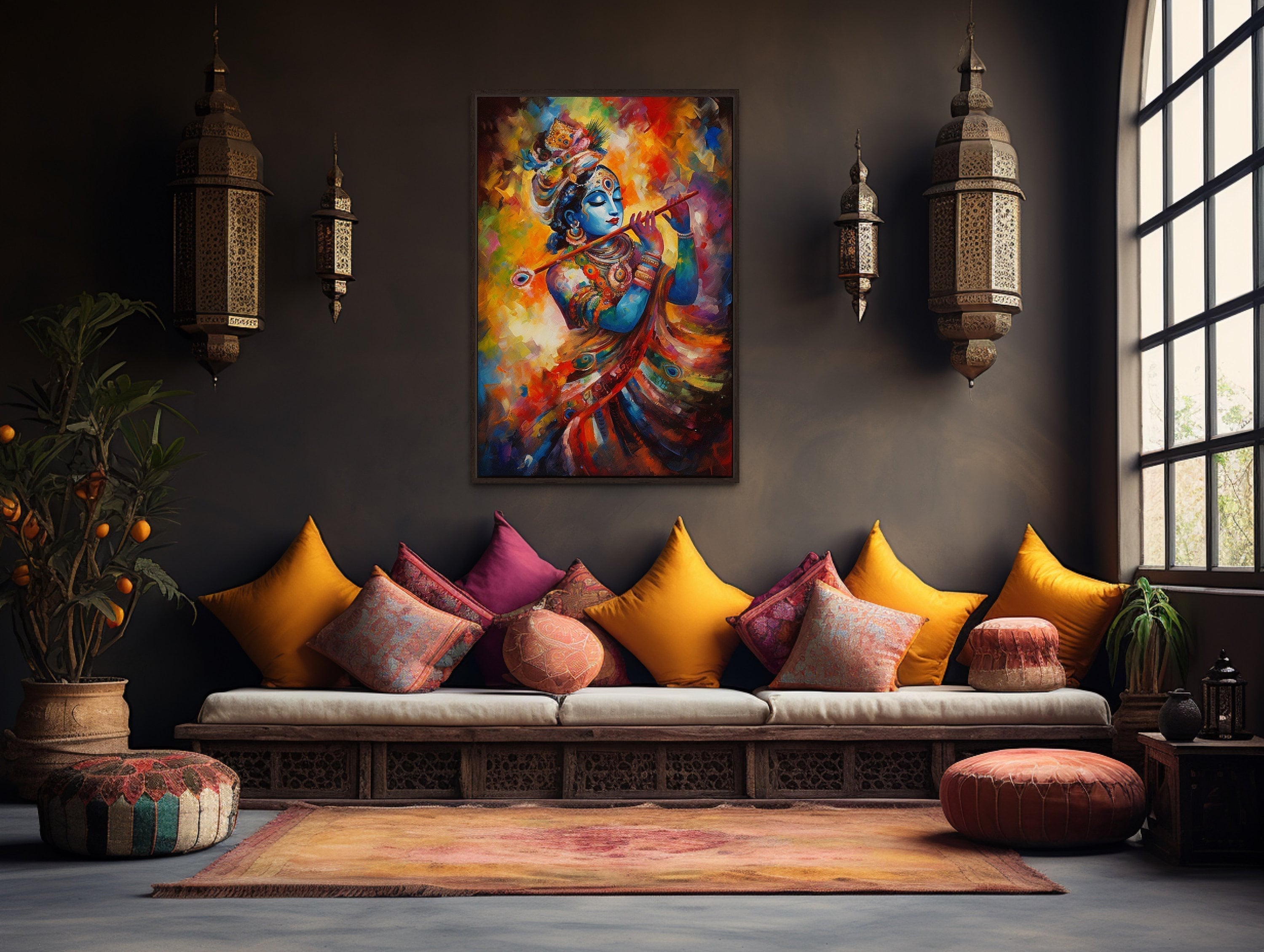 Lord Krishna Playing Flute Colorful Painting Indian Framed Canvas Wall Art