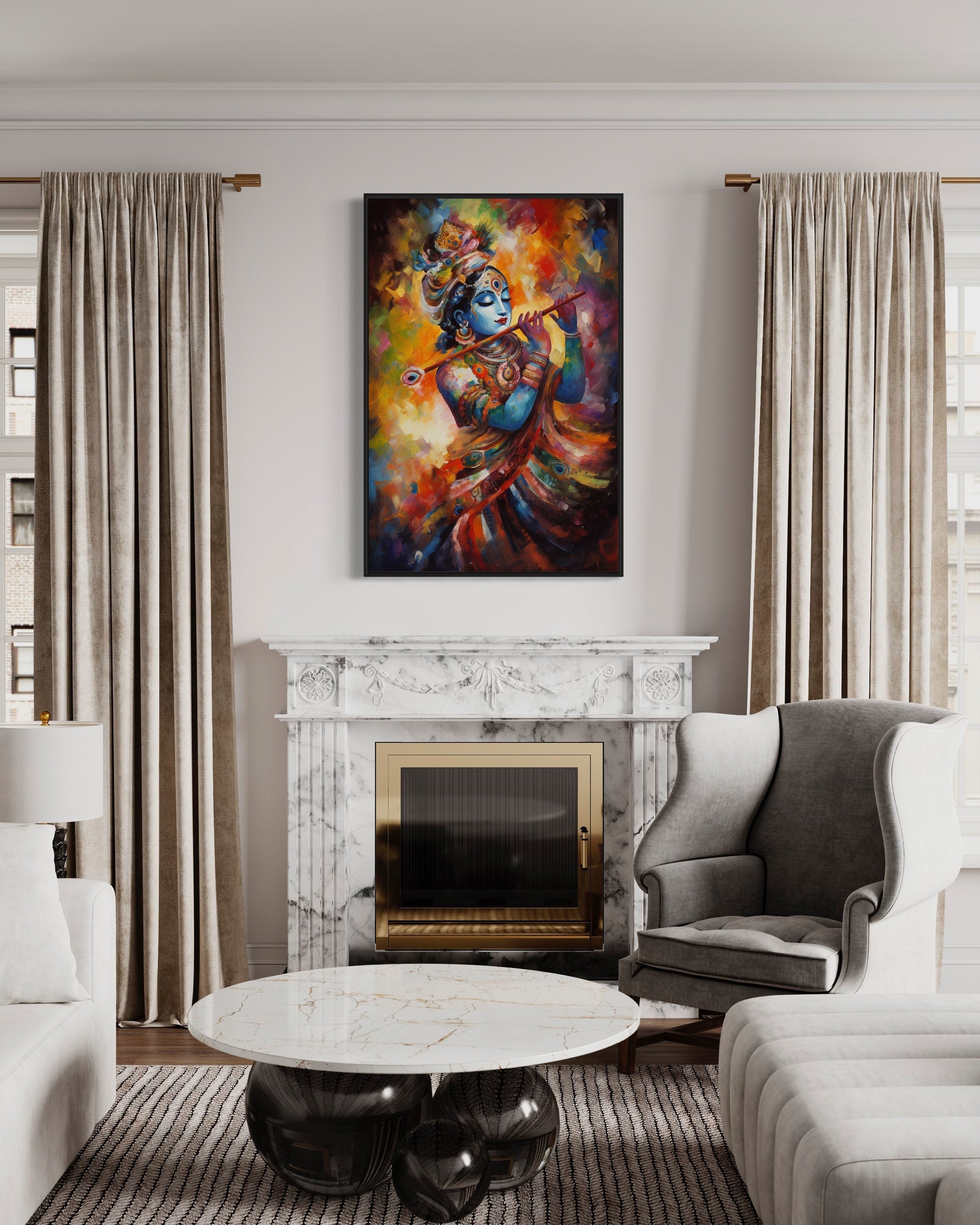 Lord Krishna Playing Flute Colorful Painting Indian Framed Canvas Wall Art
