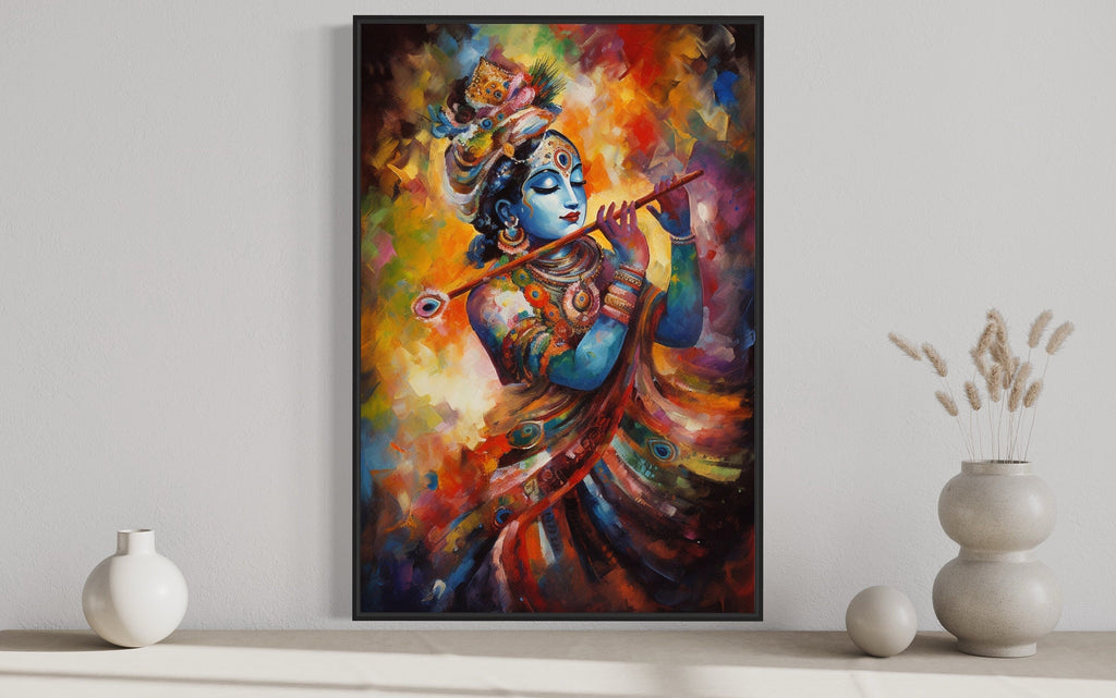 Lord Krishna Playing Flute Colorful Painting Indian Framed Canvas Wall Art