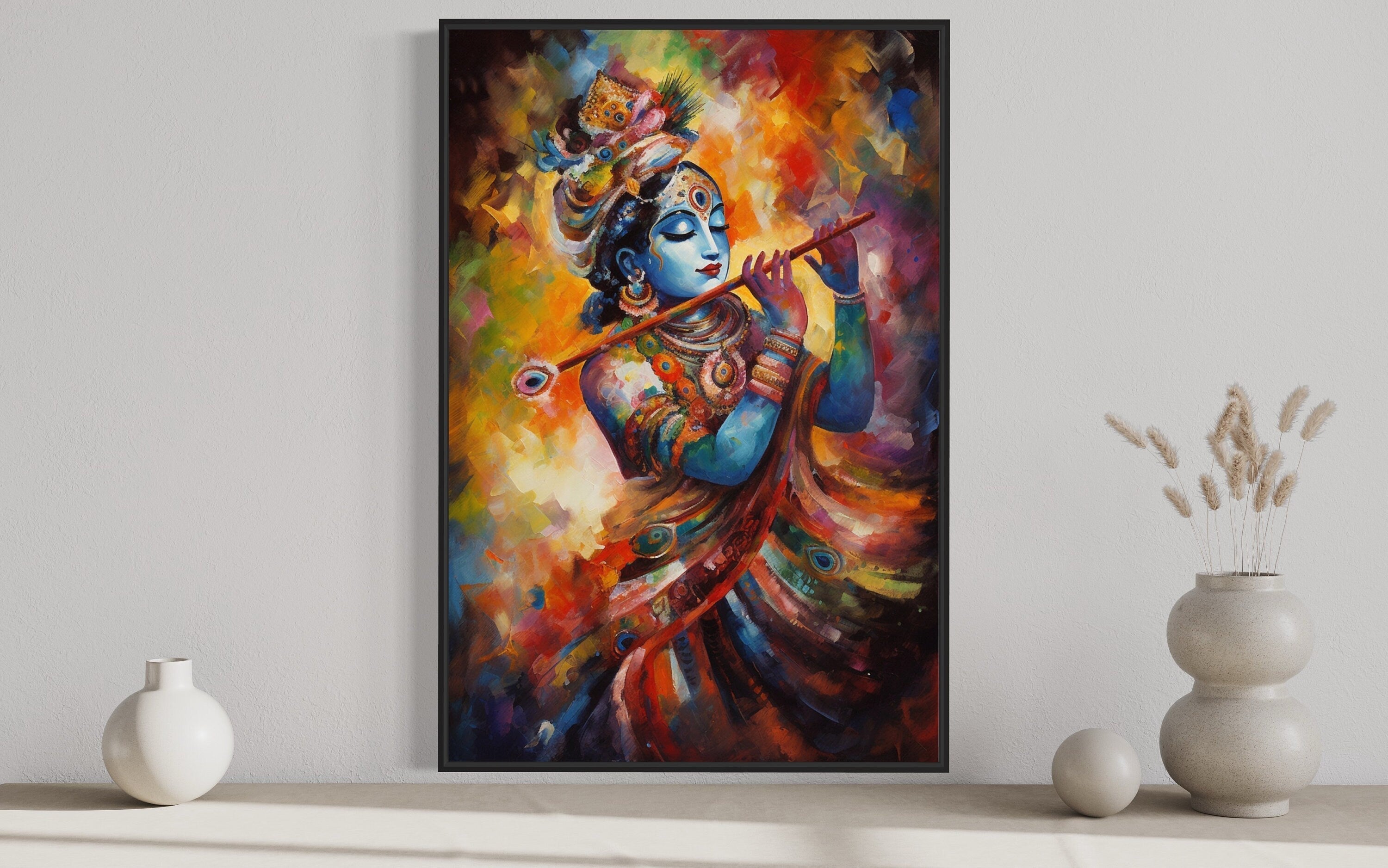 Lord Krishna Playing Flute Colorful Painting Indian Framed Canvas Wall Art
