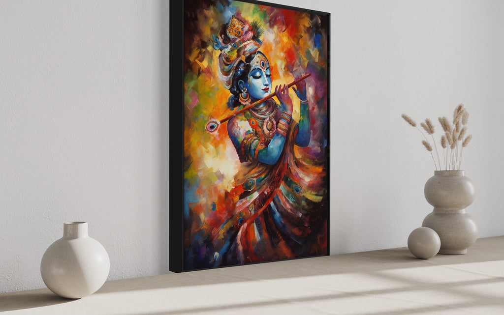 Lord Krishna Playing Flute Colorful Painting Indian Framed Canvas Wall Art