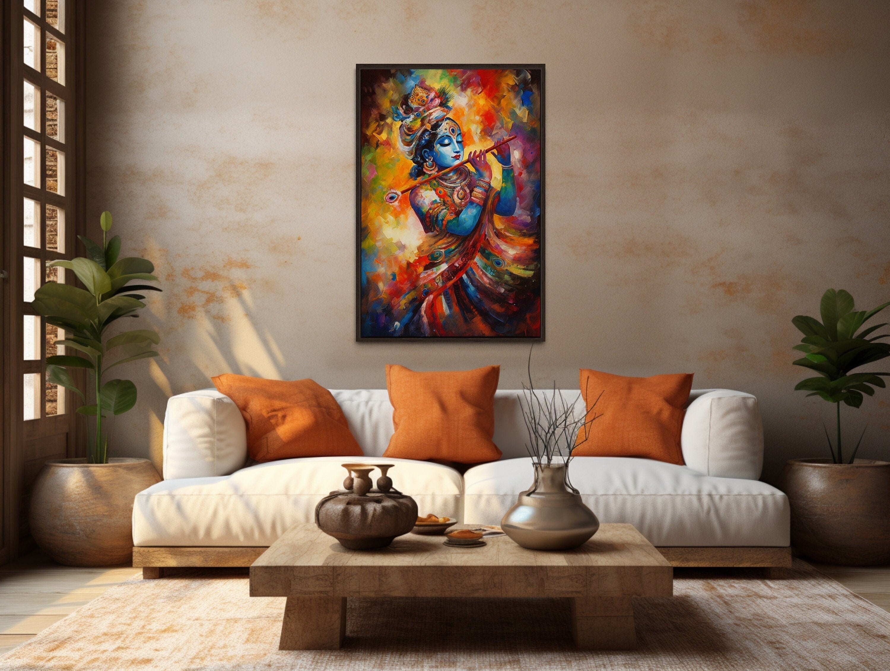 Lord Krishna Playing Flute Colorful Painting Indian Framed Canvas Wall Art