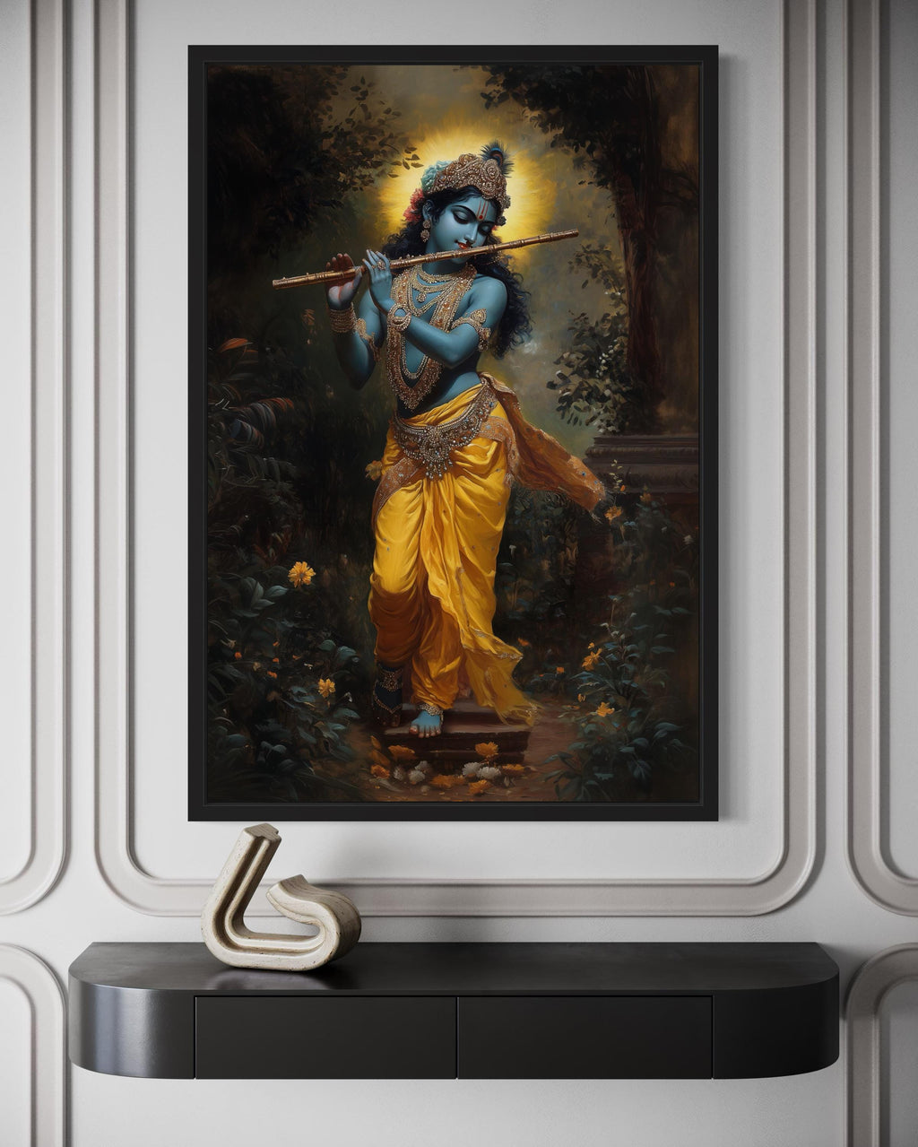 Lord Krishna Playing Flute In Vrindavan Forest Framed Canvas Wall Art