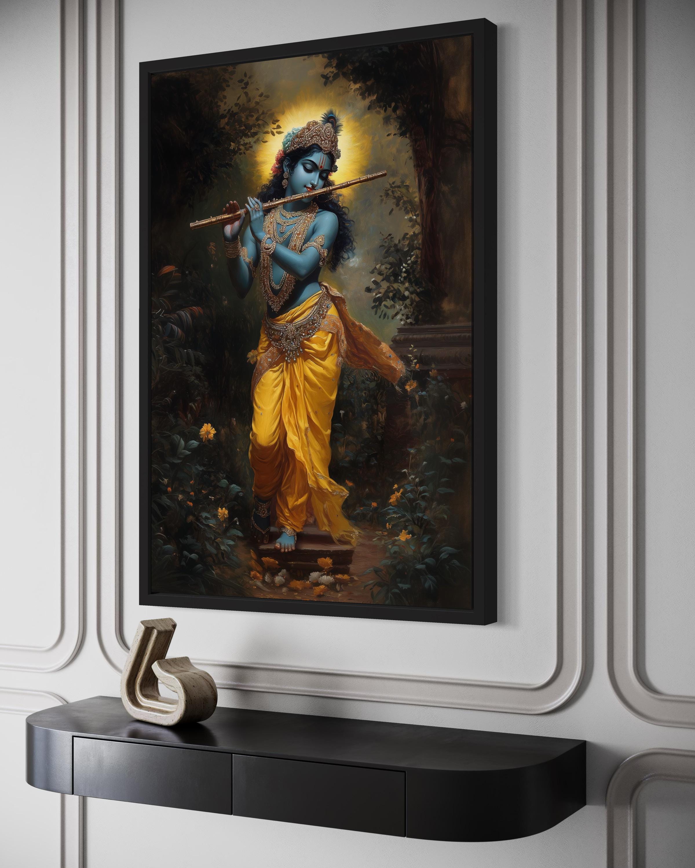 Lord Krishna Playing Flute In Vrindavan Forest Framed Canvas Wall Art