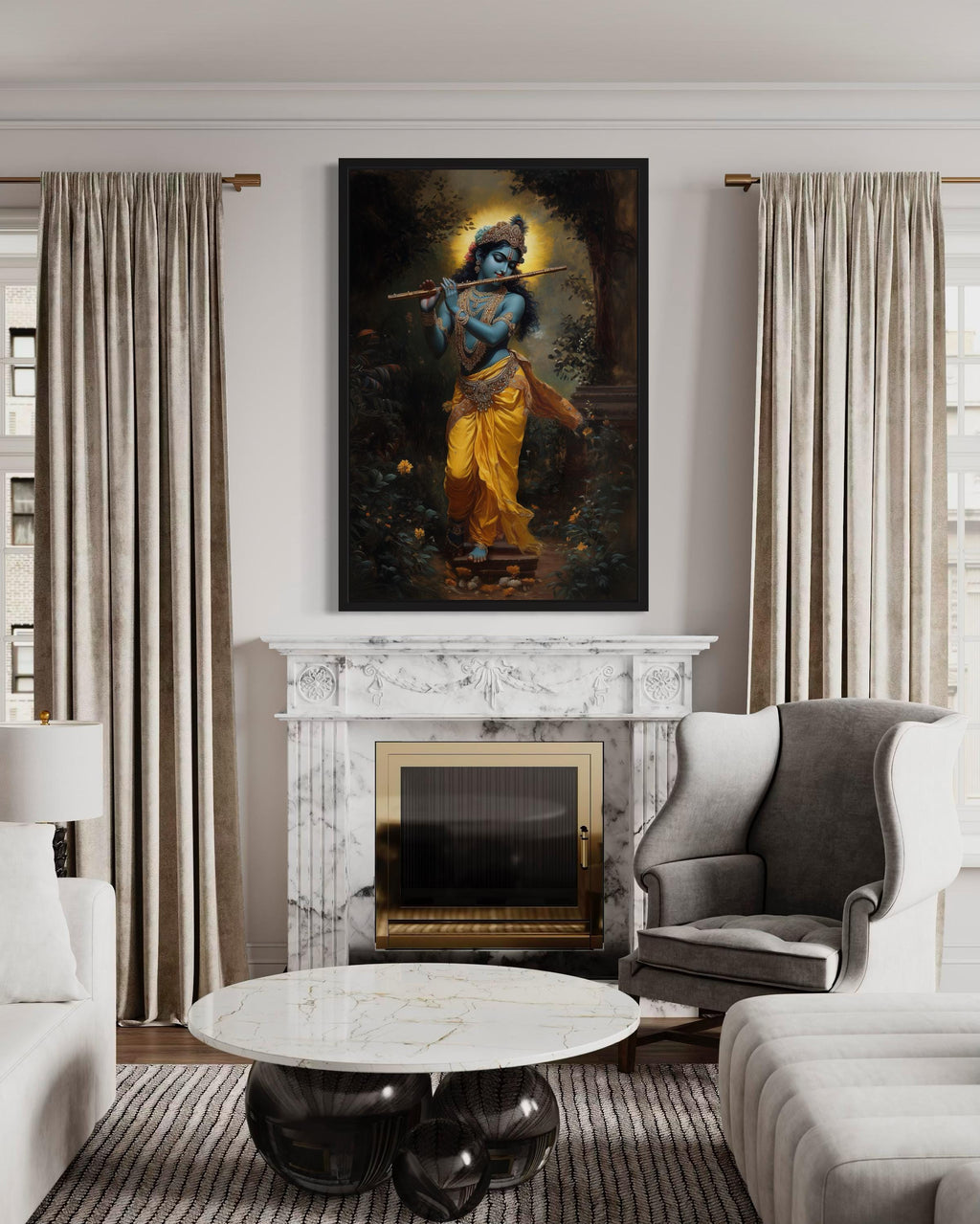 Lord Krishna Playing Flute In Vrindavan Forest Framed Canvas Wall Art