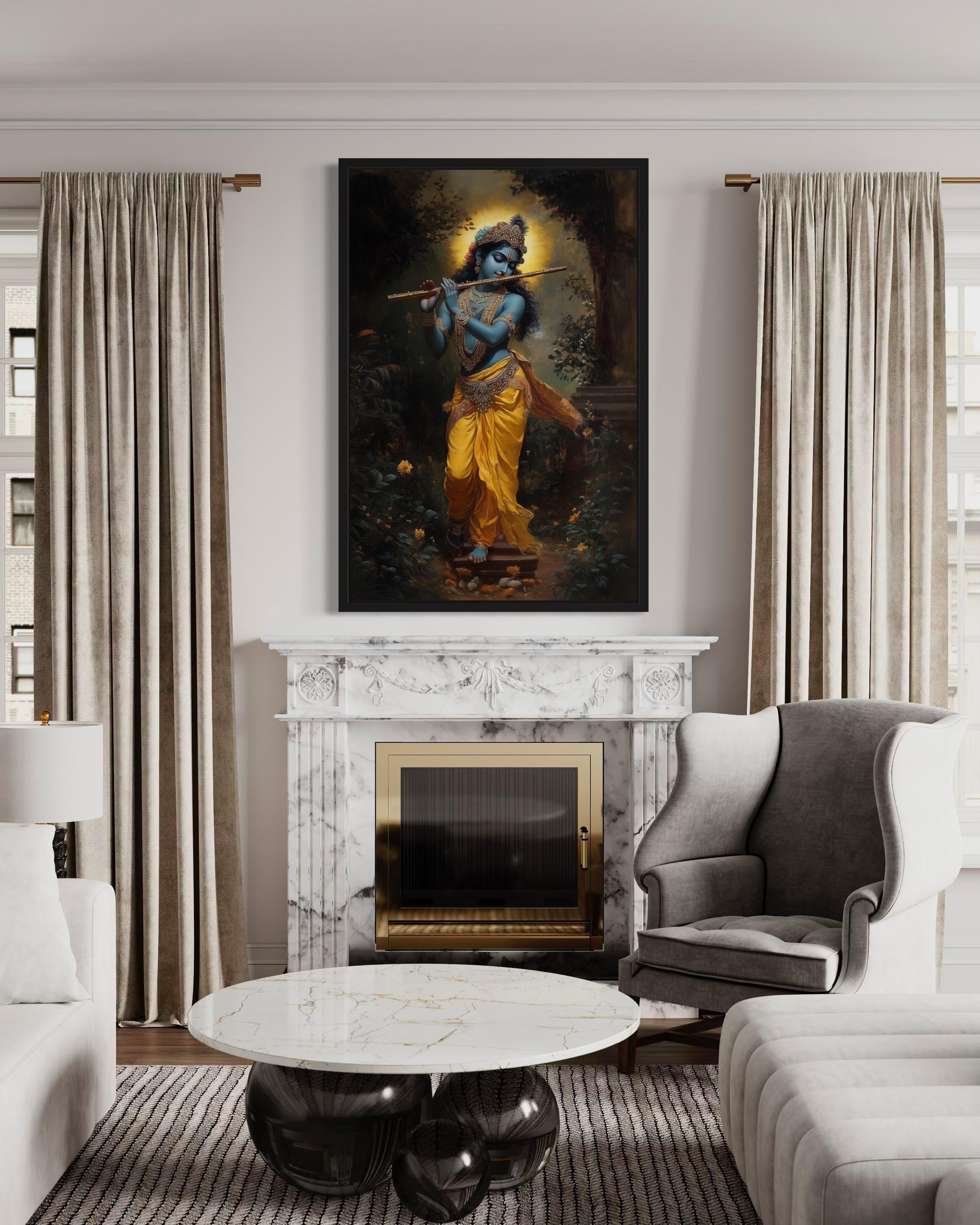 Lord Krishna Playing Flute In Vrindavan Forest Framed Canvas Wall Art