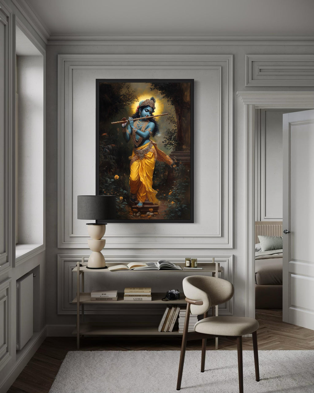 Lord Krishna Playing Flute In Vrindavan Forest Framed Canvas Wall Art