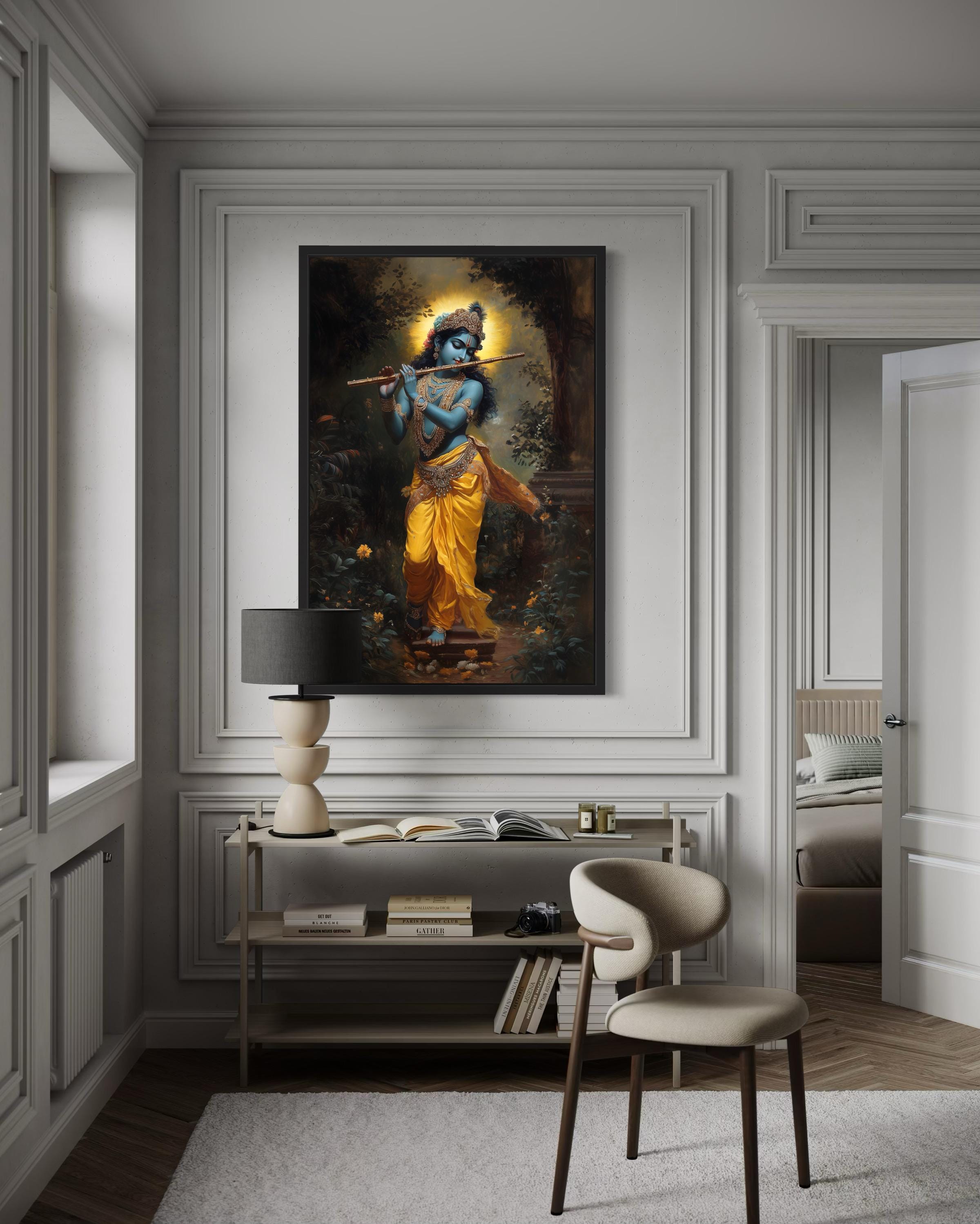 Lord Krishna Playing Flute In Vrindavan Forest Framed Canvas Wall Art