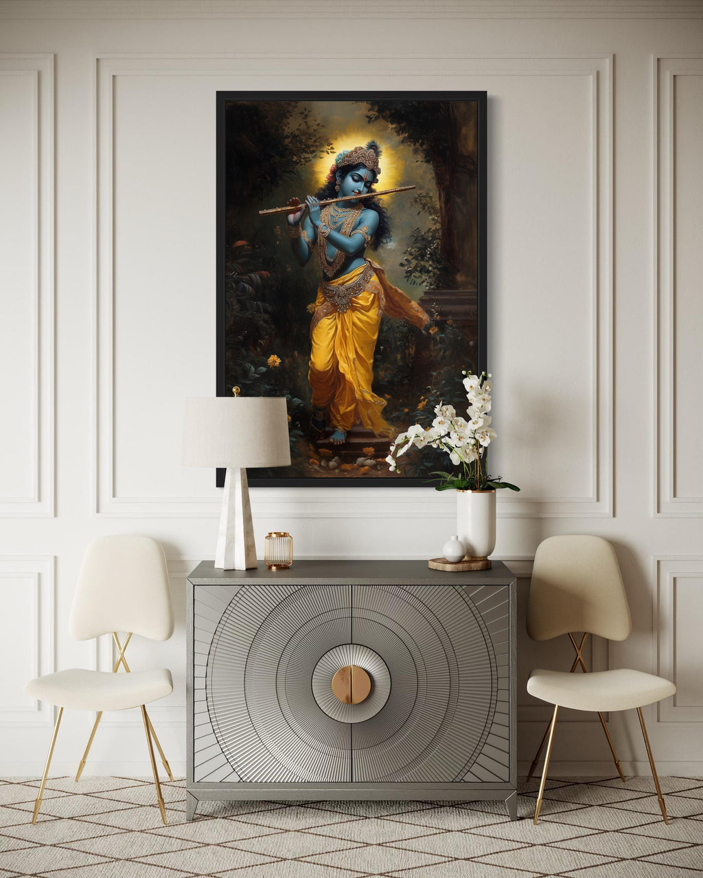 Lord Krishna Playing Flute In Vrindavan Forest Framed Canvas Wall Art