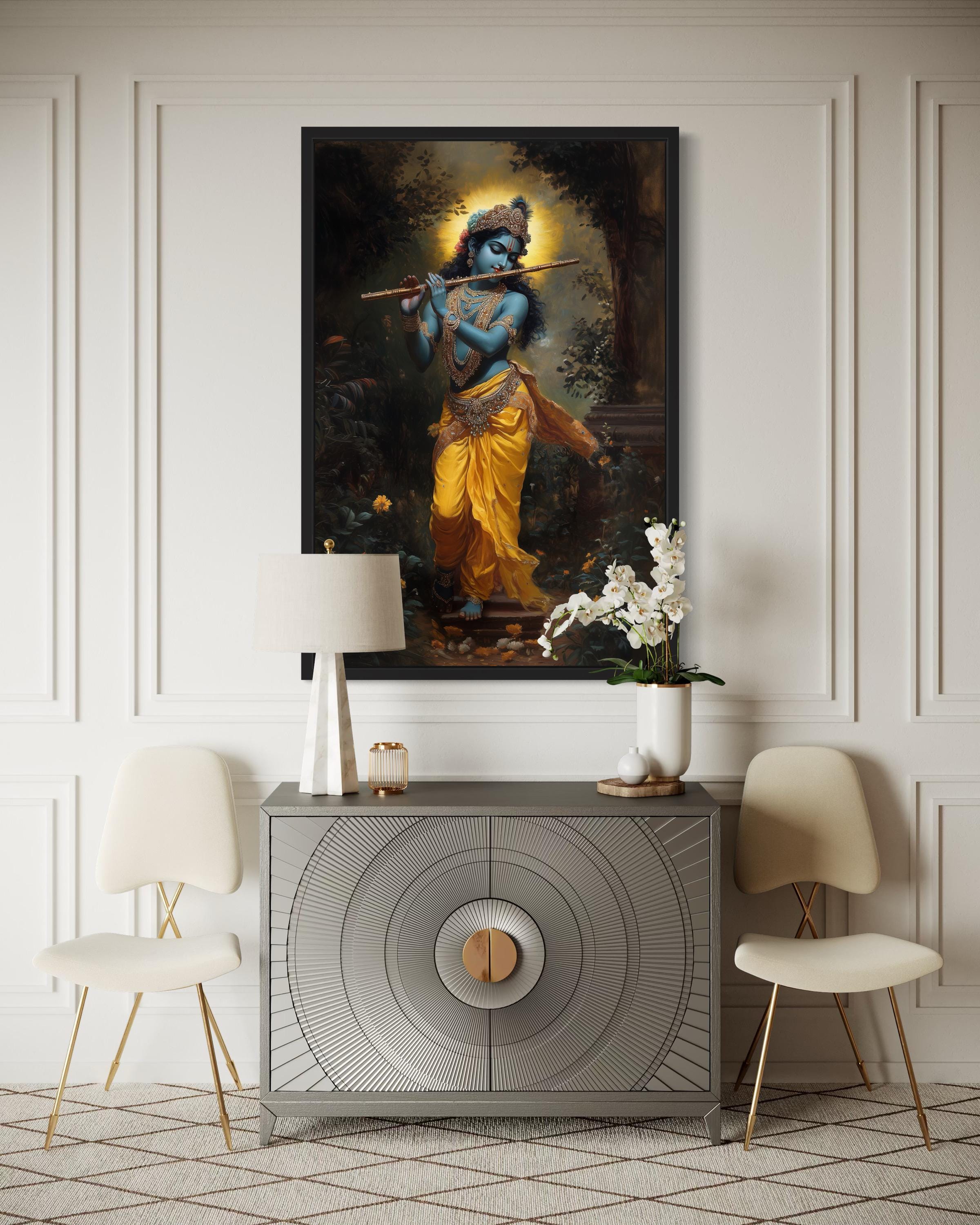 Lord Krishna Playing Flute In Vrindavan Forest Framed Canvas Wall Art